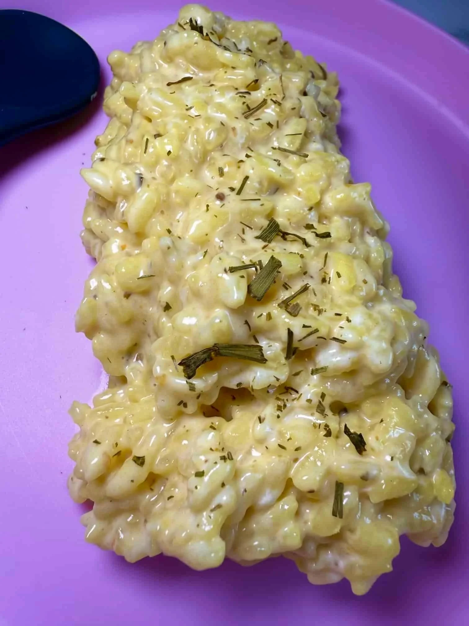 A cooked portion of risotto in a creamy sauce sprinkled with dried chives and served on a toddler plate