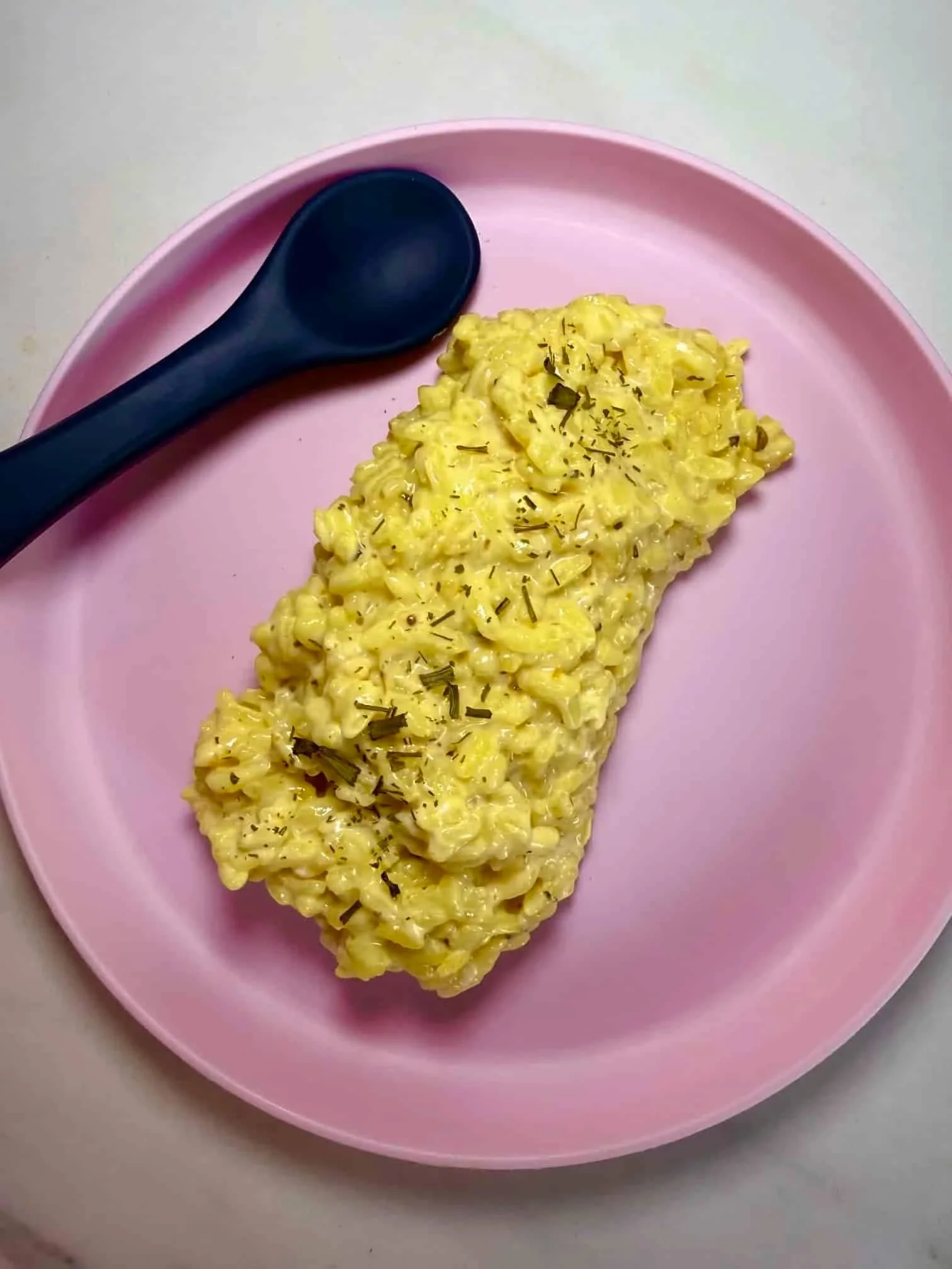 A cooked portion of risotto in a creamy sauce sprinkled with dried chives and served on a toddler plate with spoon