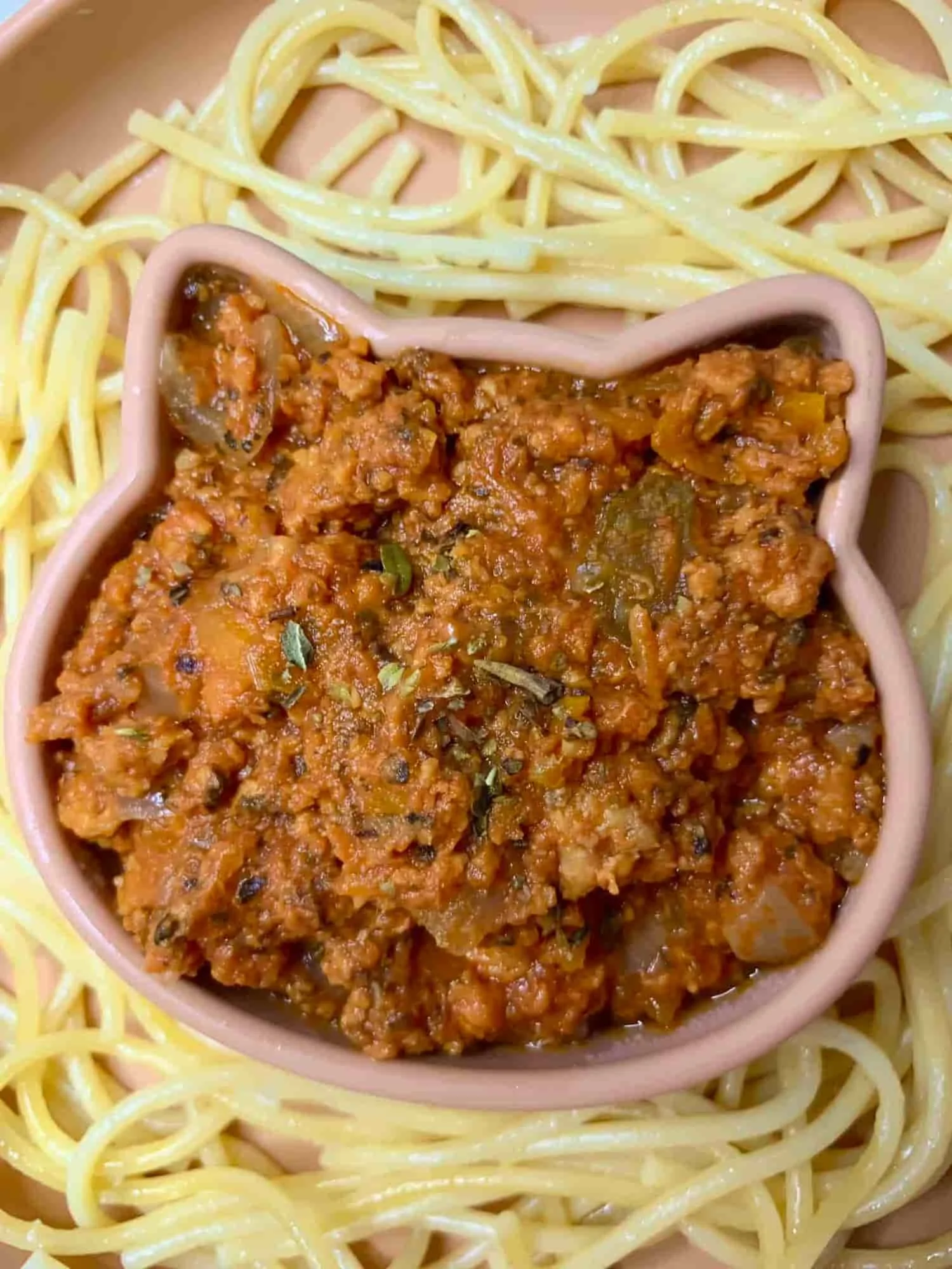 Slow cooked chicken spaghetti served in partitioned toddler bowl