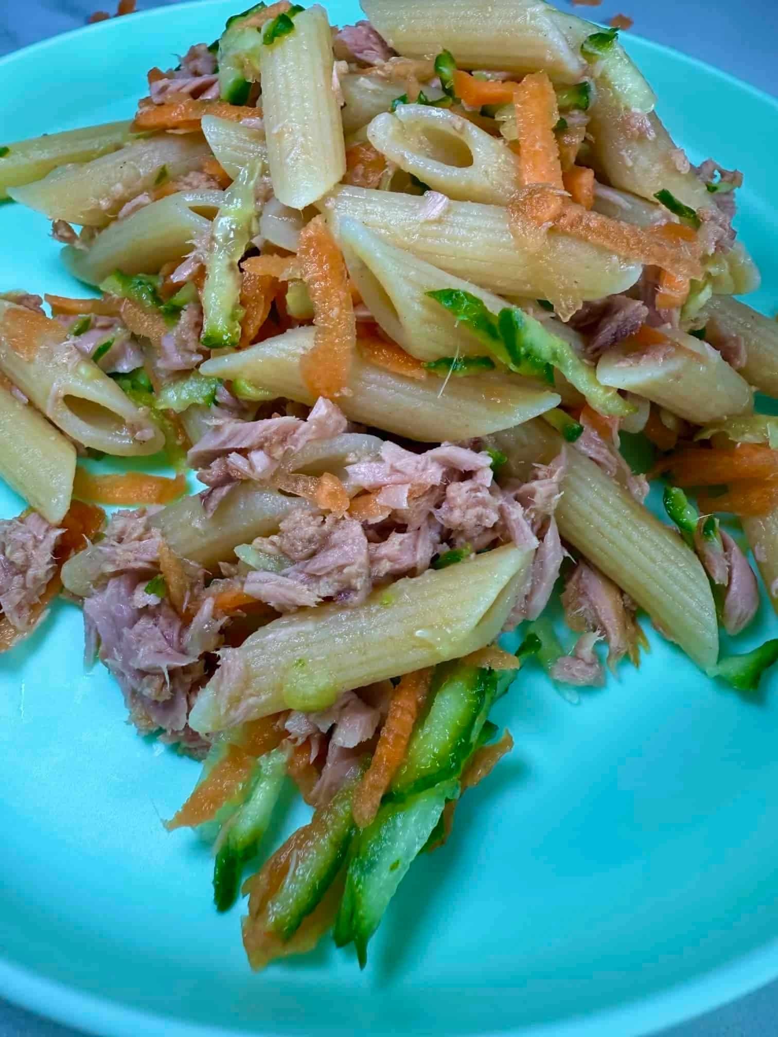A toddler sized portion of tuna pasta salad with carrot and cucumber