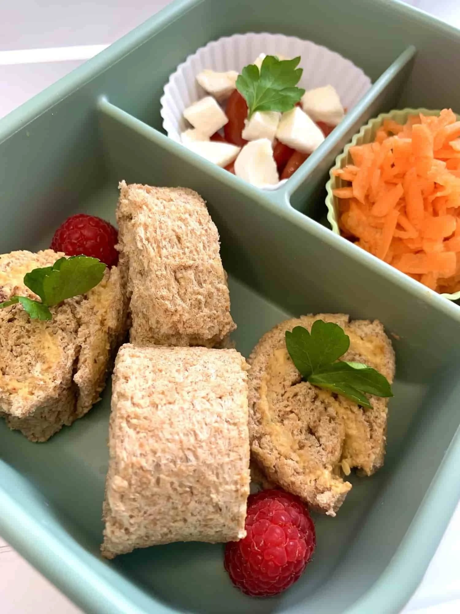 Houmous sandwich rolls served in bento box toddler food
