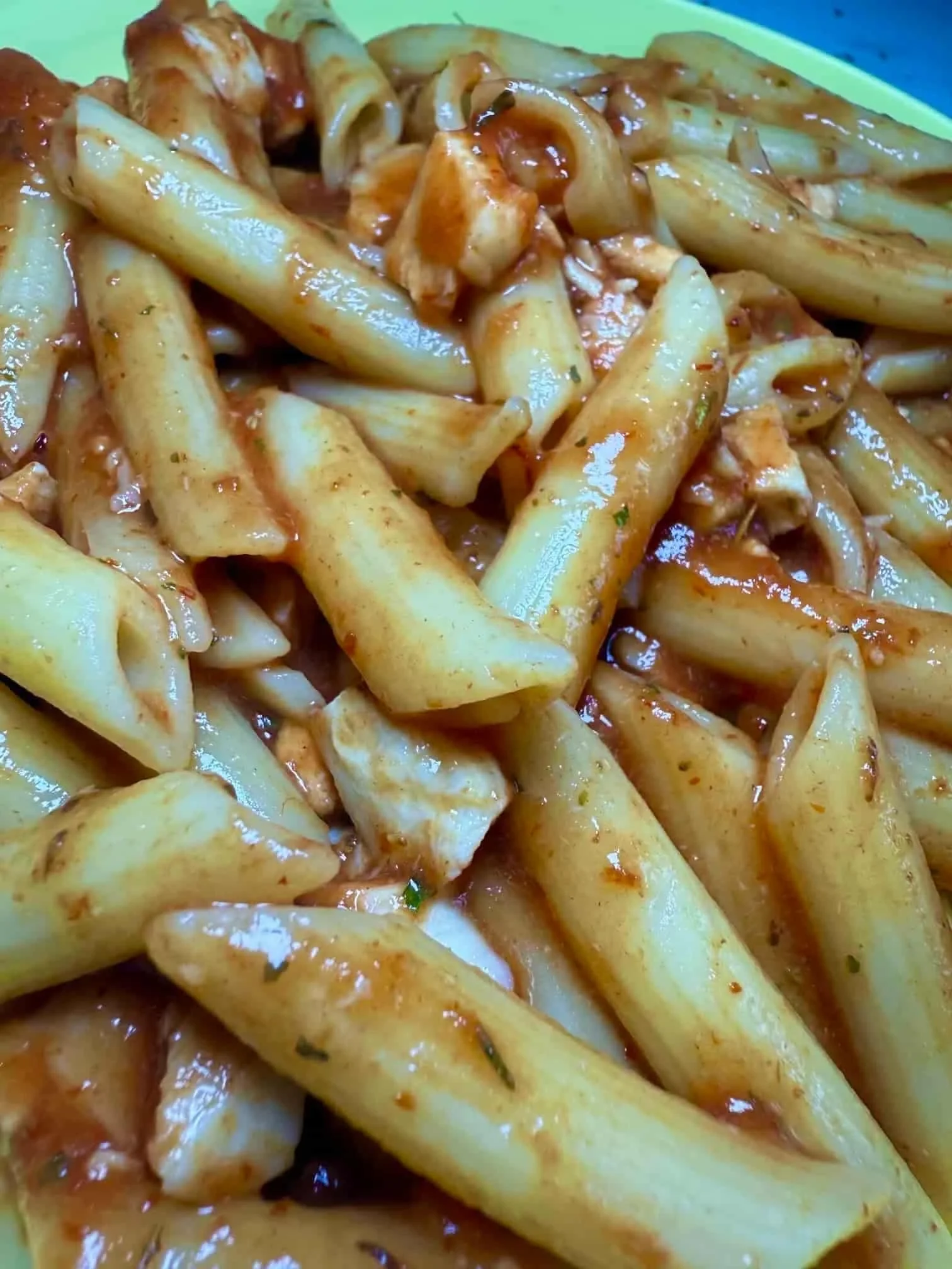 Close up image of a toddler sized portion of leftover turkey pasta