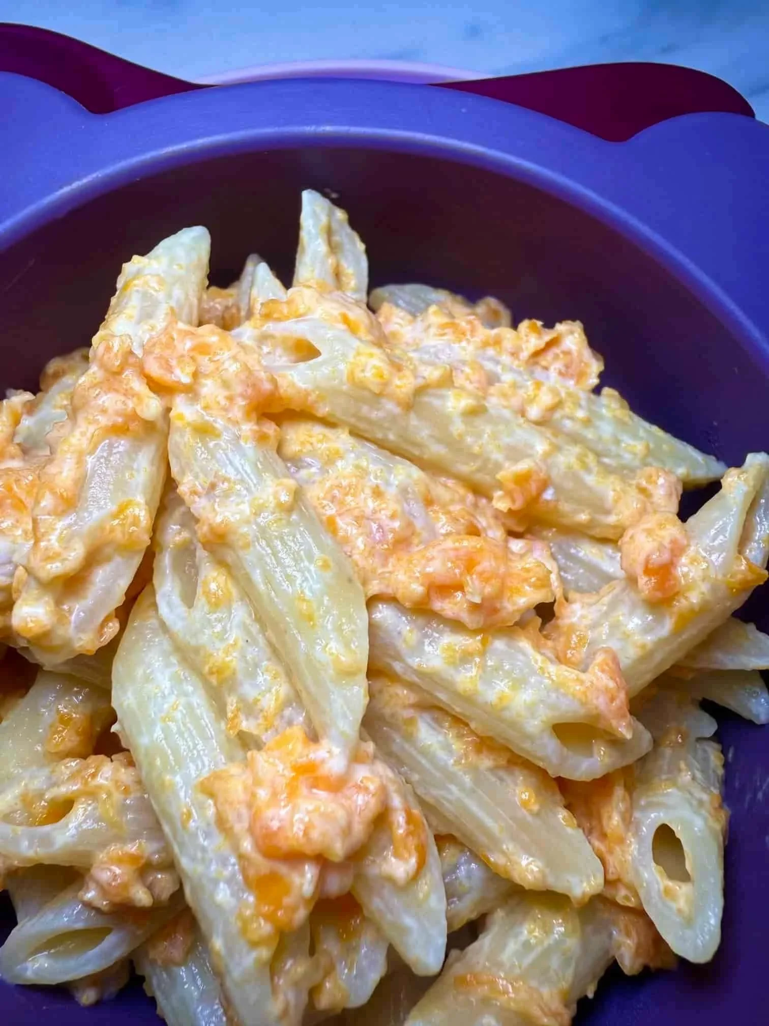 A toddler portion of pasta served with a creamy kid-friendly carrot pasta sauce