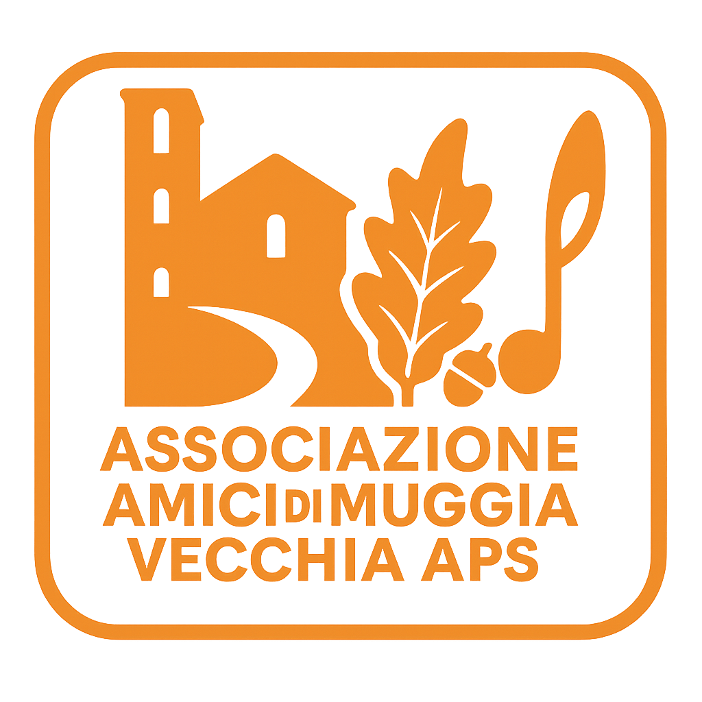 Logo dell'Associazione Amici di Muggià Vecchia APS, con un castello, un sentiero, una foglia e una nota musicale in arancione su sfondo nero.