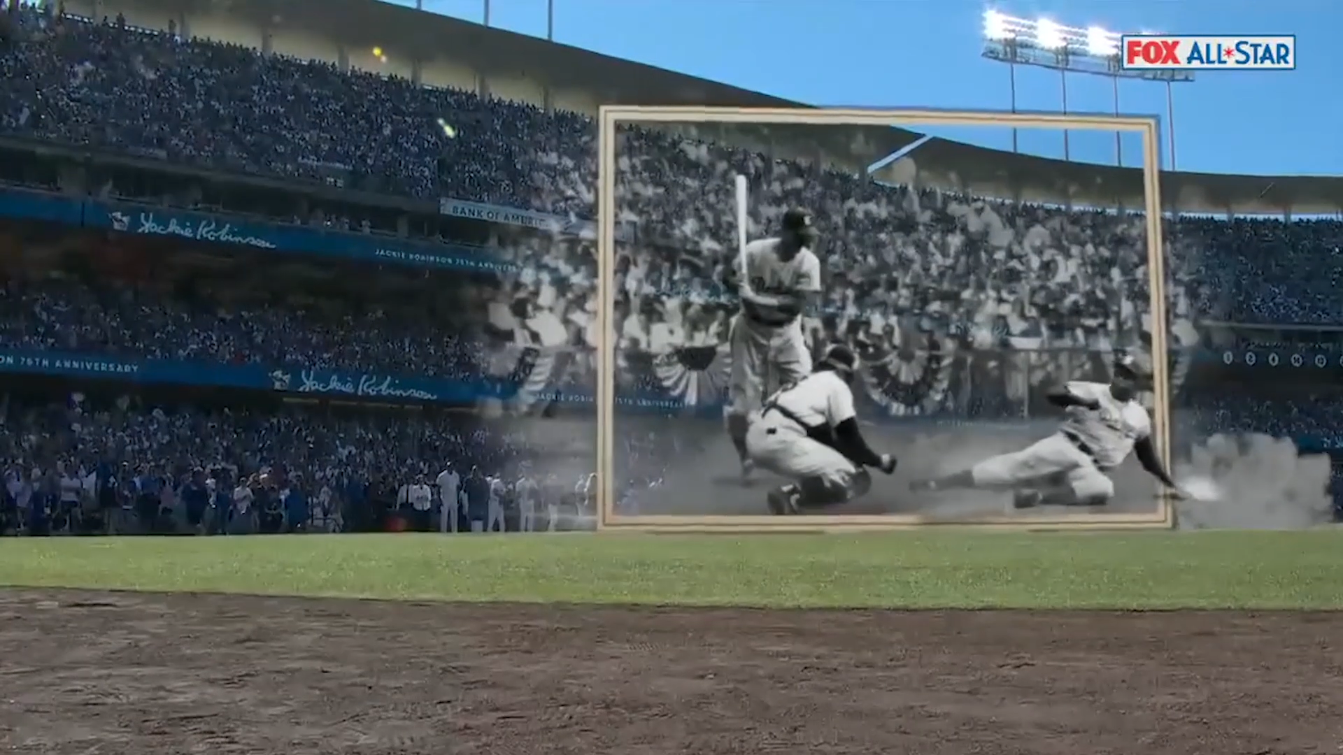 Remake of a vintage baseball game with players sliding and catching the ball, overlaid with a black-and-white inset of the same scene, created with Unreal Engine and Pixotope in a real-time virtual production pipeline.