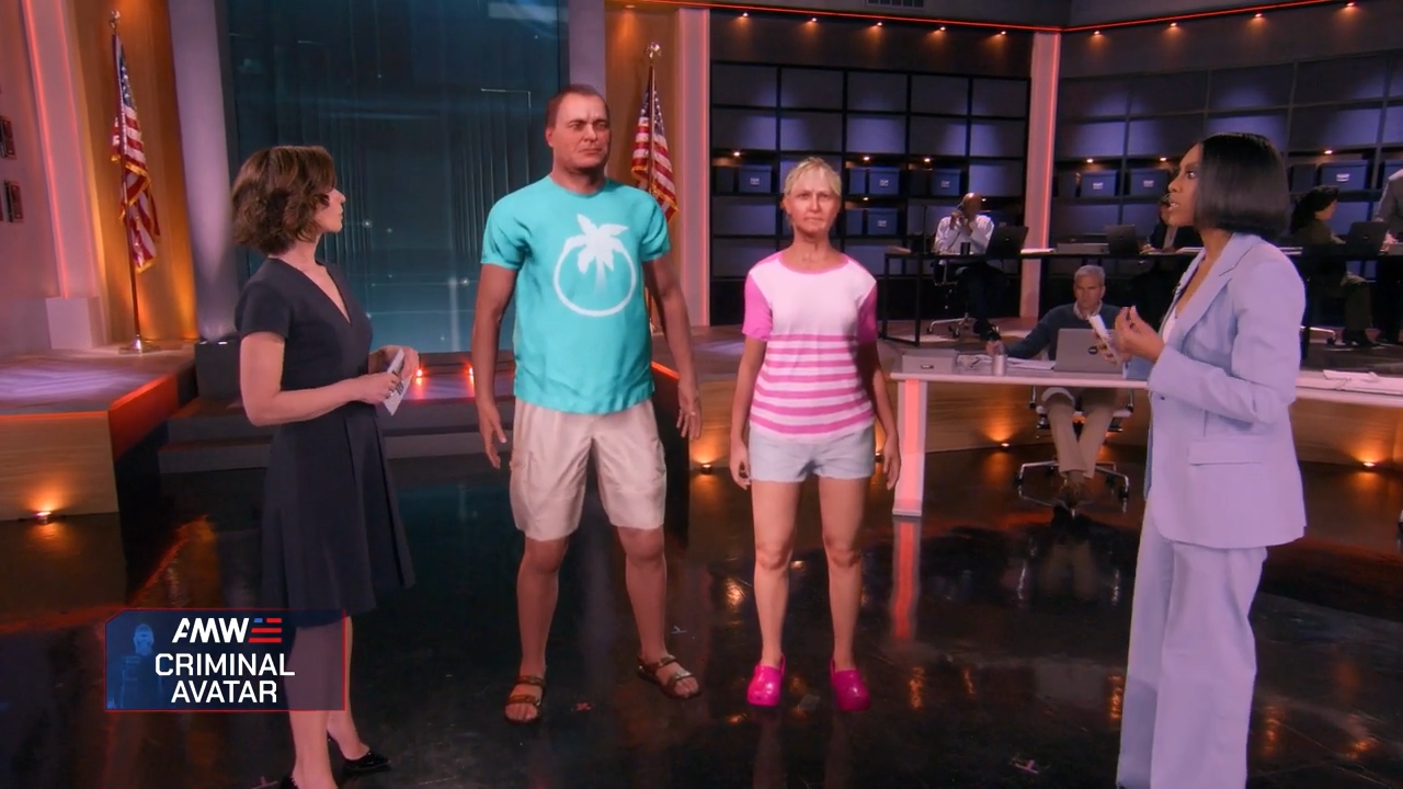 Television show scene with four people on stage and the sign “AMW Criminal Avatar,” created in Unreal Engine and Pixotope as part of a real-time virtual production pipeline.