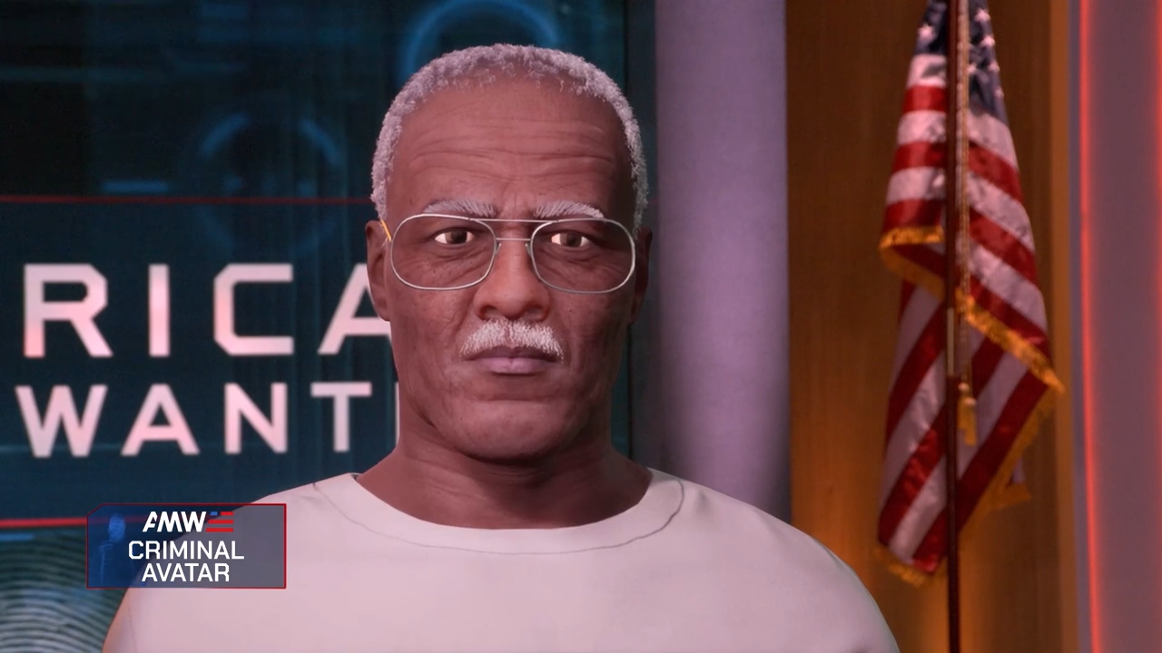 Person with gray hair and glasses standing in front of an American flag and a sign reading “America Wants,” featuring an AR Aviator, created with Unreal Engine and Pixotope in a real-time virtual production pipeline.
