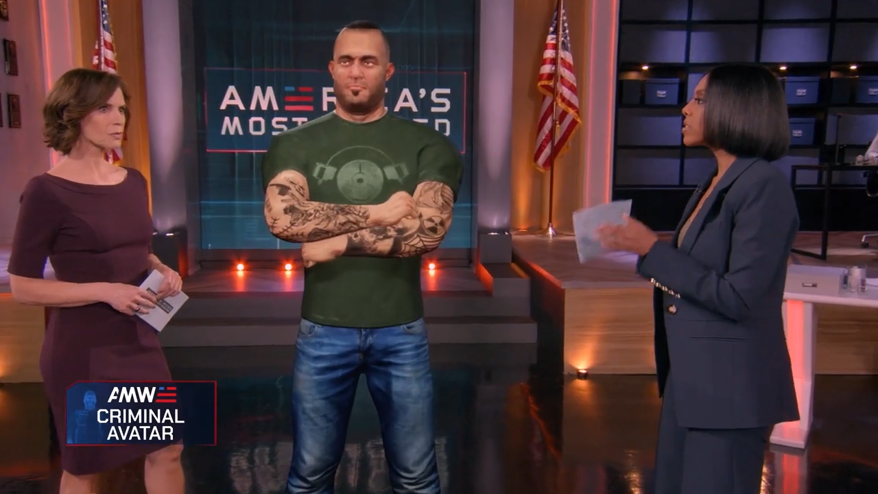 Three women and one man in a TV studio with American flags and a large screen, created with Unreal Engine and Pixotope in a real-time virtual production pipeline.