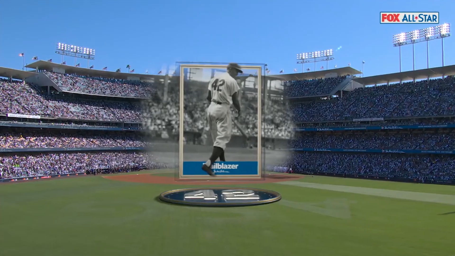 Baseball card of player number 42 as trail blazer shown at a Fox All-Star event in a baseball stadium filled with spectators, created with Unreal Engine and Pixotope in a real-time virtual production pipeline.