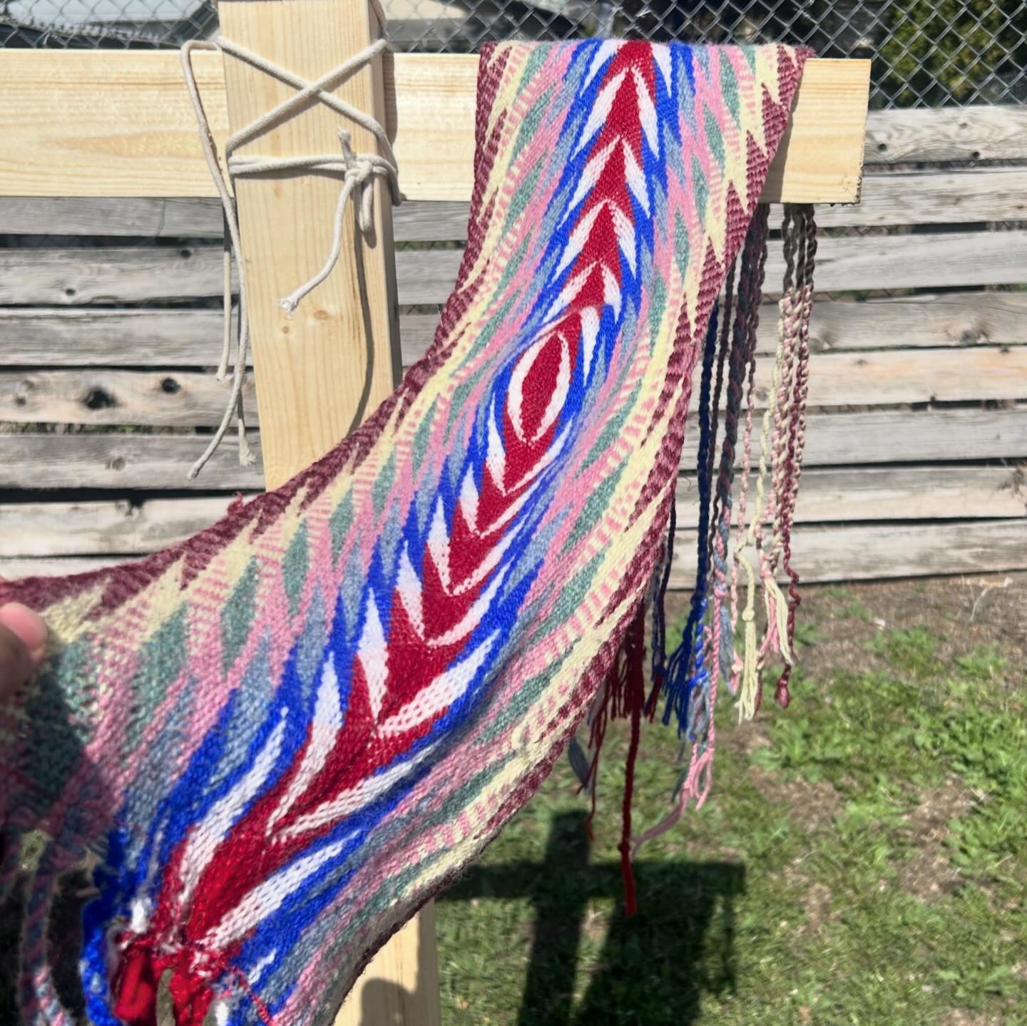 Up for grabs! The first larger scale weaving I took on. 220 threads, 100% wool. Weaving is 36&rdquo;, fringe is 16&rdquo; plus 4 24&rdquo; &ldquo;drawstring&rdquo; fringes sewn on. DM if interested, price will reflect some beginner mistakes #woodland