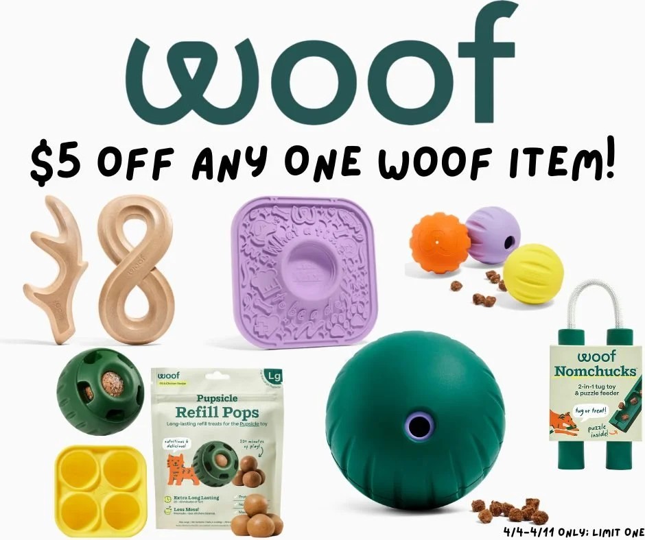 🎉Woof is turning 5! 🎉
Woof is celebrating 5 years and giving YOU $5 off any Woof product from today through Saturday (4/11)! These toys and treats are great for any pup, big or small or anywhere in between! Come by and grab your goodies today!