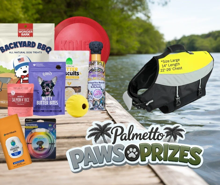 😎🐾 Summer is Here! 🐾😎

Since we were out at the end of last month, we put a pause on the Palmetto Paws &amp; Prizes, but we're back and better this month! From a life jacket, to toys, to treats, to grooming products to clean up when you're done -
