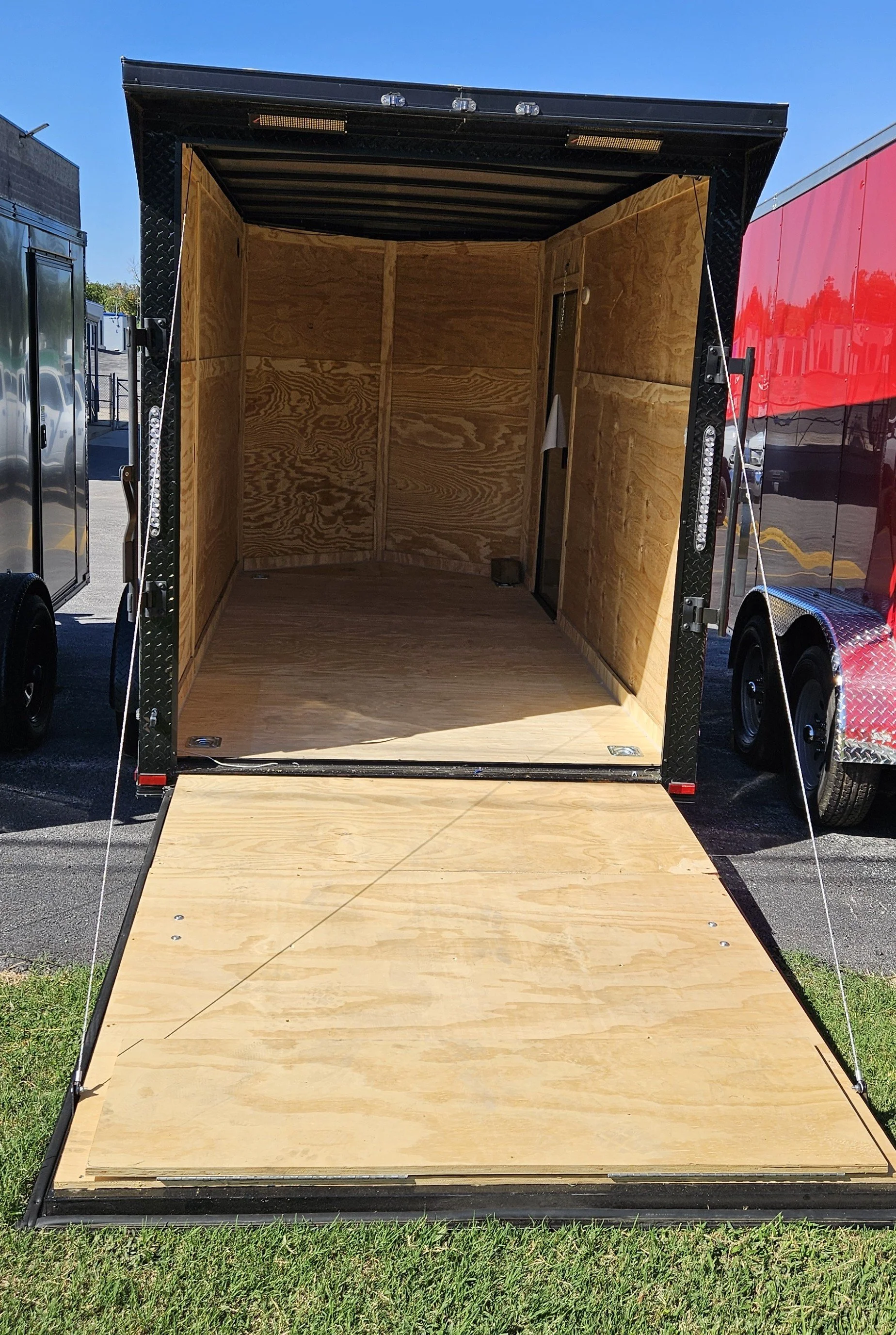 6X12SA Black Cargo Trailer back door open looking in