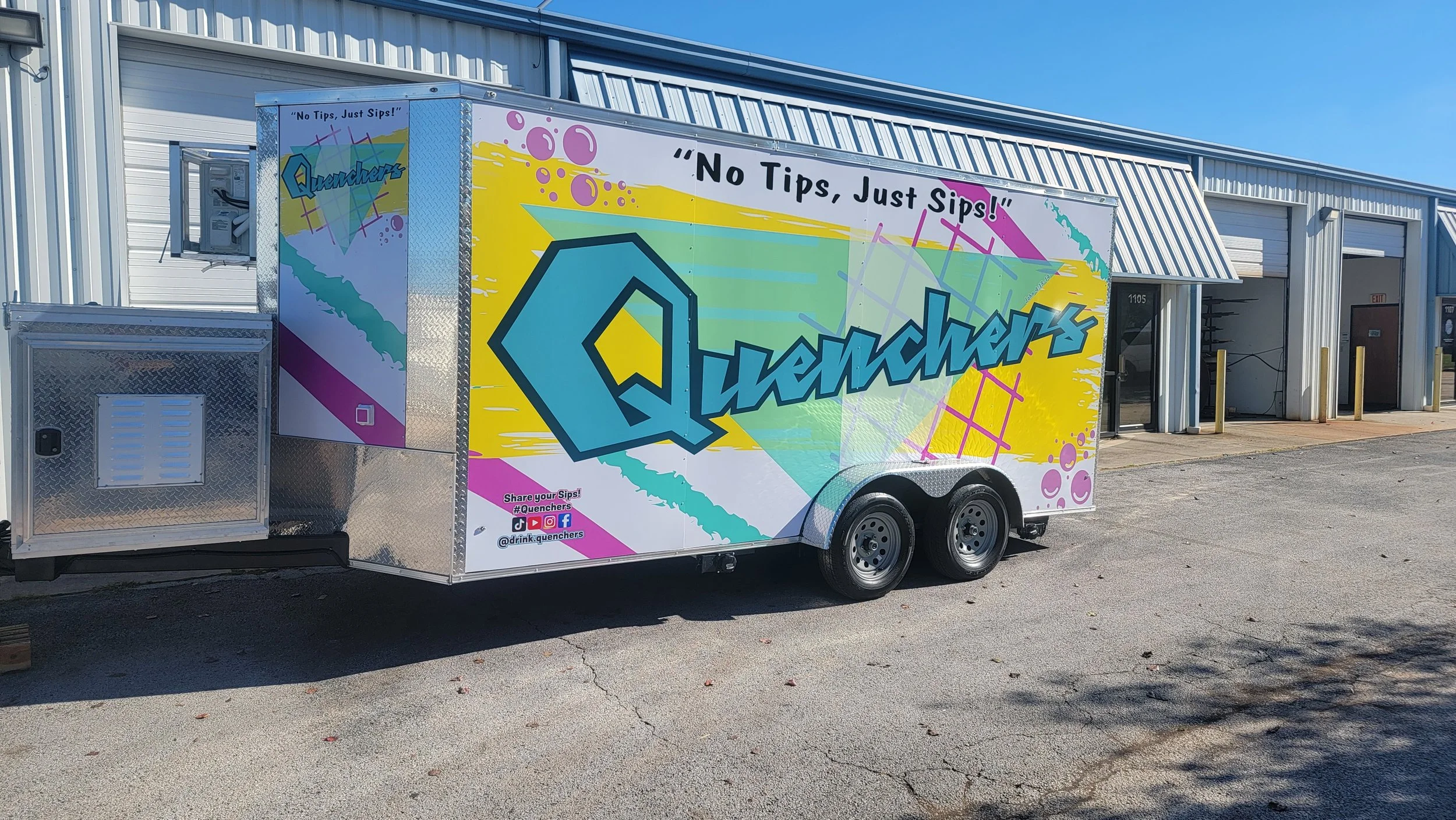 trailer wrap that is bright colors of yellow, teal, turquoise, and pink with retro designs from the 80's or 90's brand name is Quenchers
