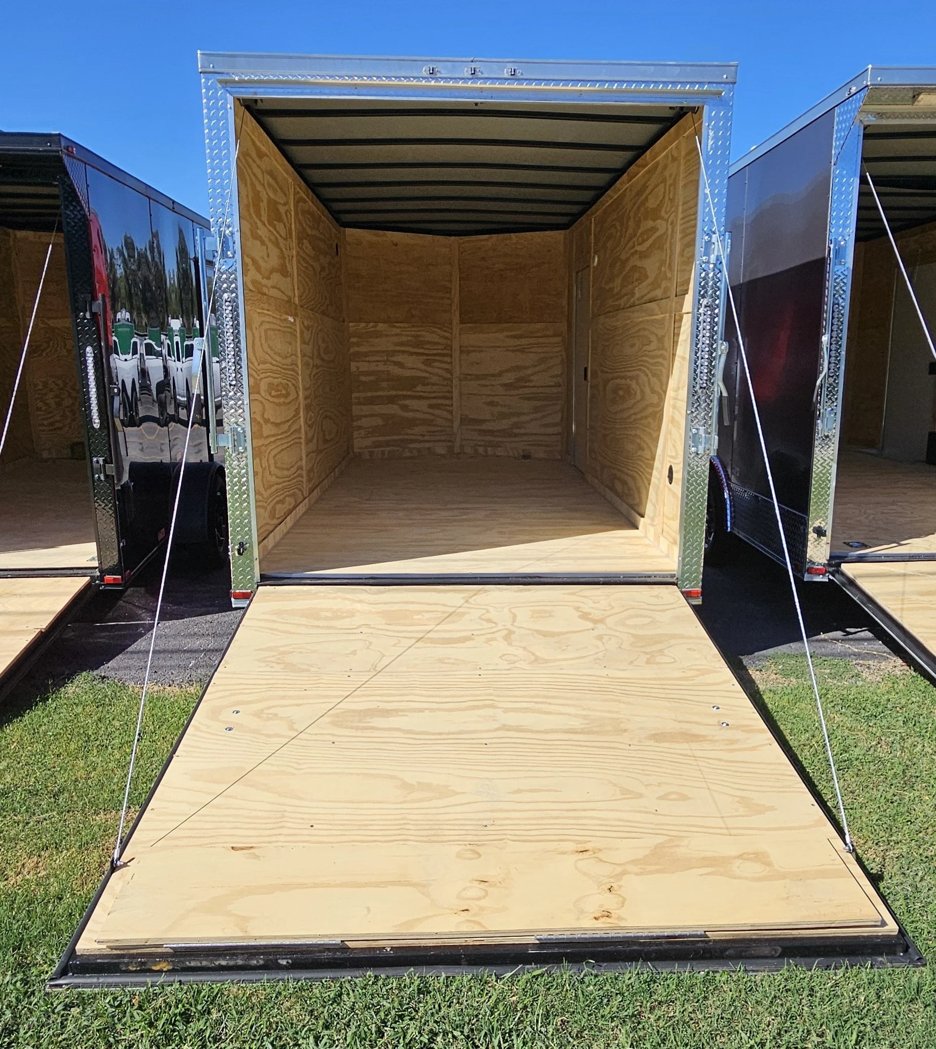 7X14TA Red Cargo Trailer #78432 back door open looking in