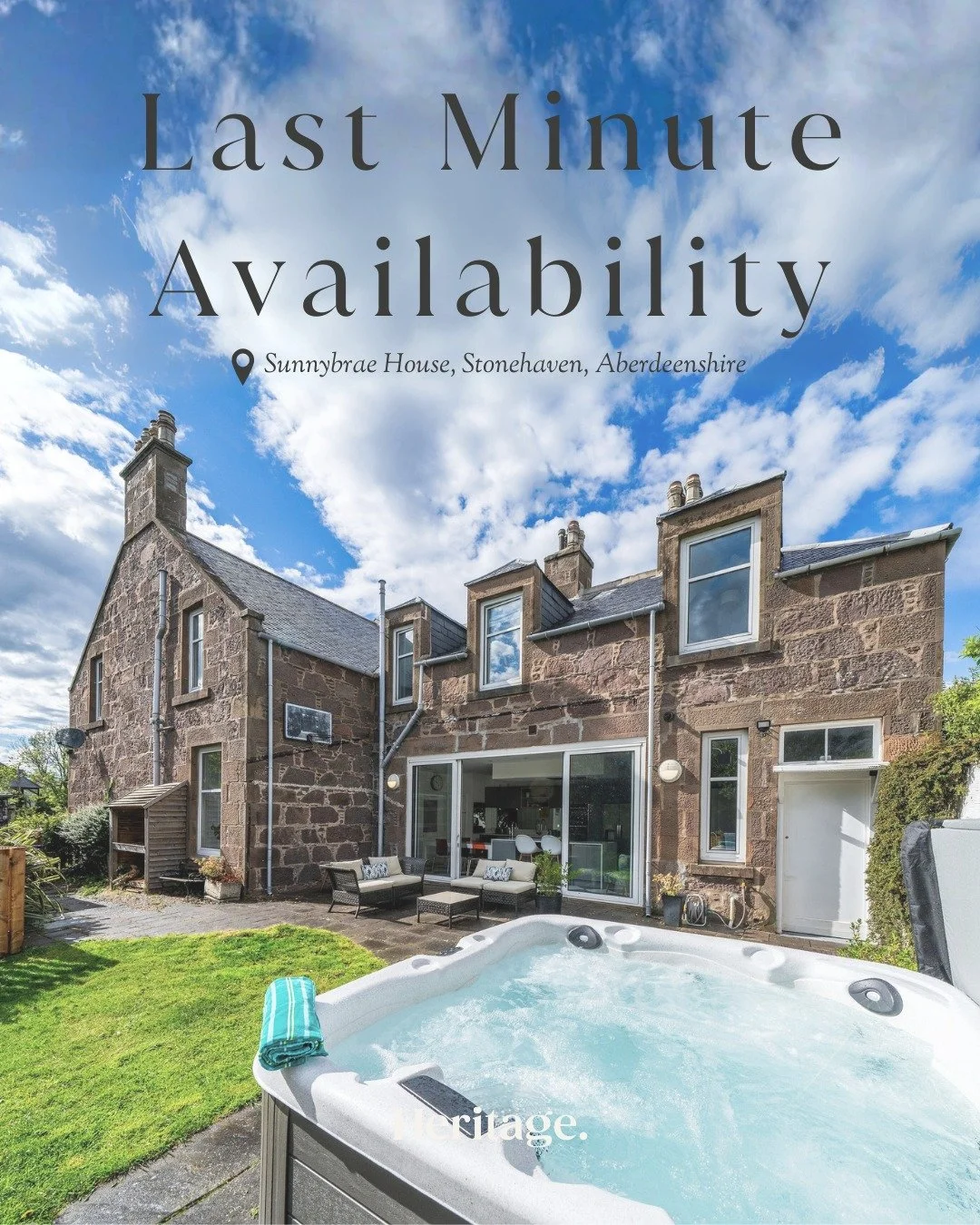 ✨ LAST-MINUTE AVAILABILITY &ndash; SUNNYBRAE HOUSE, STONEHAVEN ✨
Get 3 nights for 2 this weekend at Sunnybrae House, Stonehaven, Aberdeenshire.
Available Friday 5th - Monday 8th December

&bull; Sleeps 10 in 5 bedrooms
&bull; Hot tub for cosy winter 