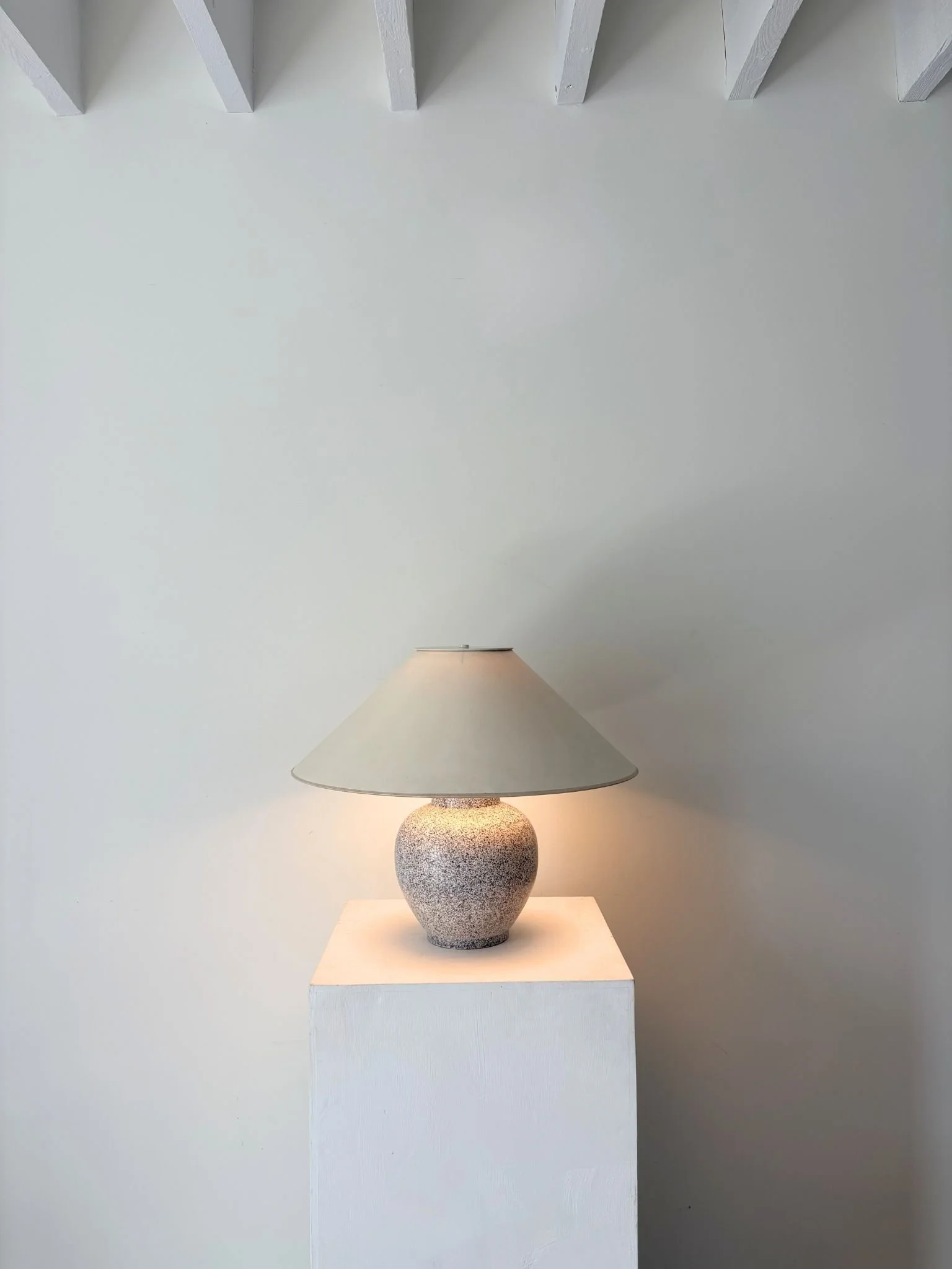 Vintage Ceramic Italian Lamp In A Post Modern Design Complete With The Original Extra Wide Coolie Shade - Bureau Bruton Antique and Vintage Shop