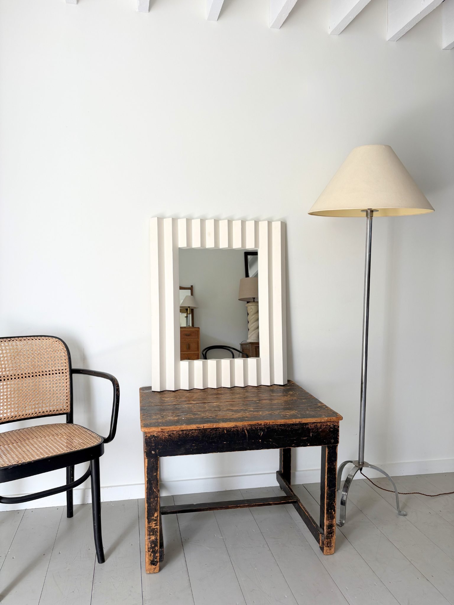 Zig Zag French Bespoke White Plaster Wall Mirror With Post Modern Memphis Design- Bureau Bruton Antiques and Vintage Store and Sourcing