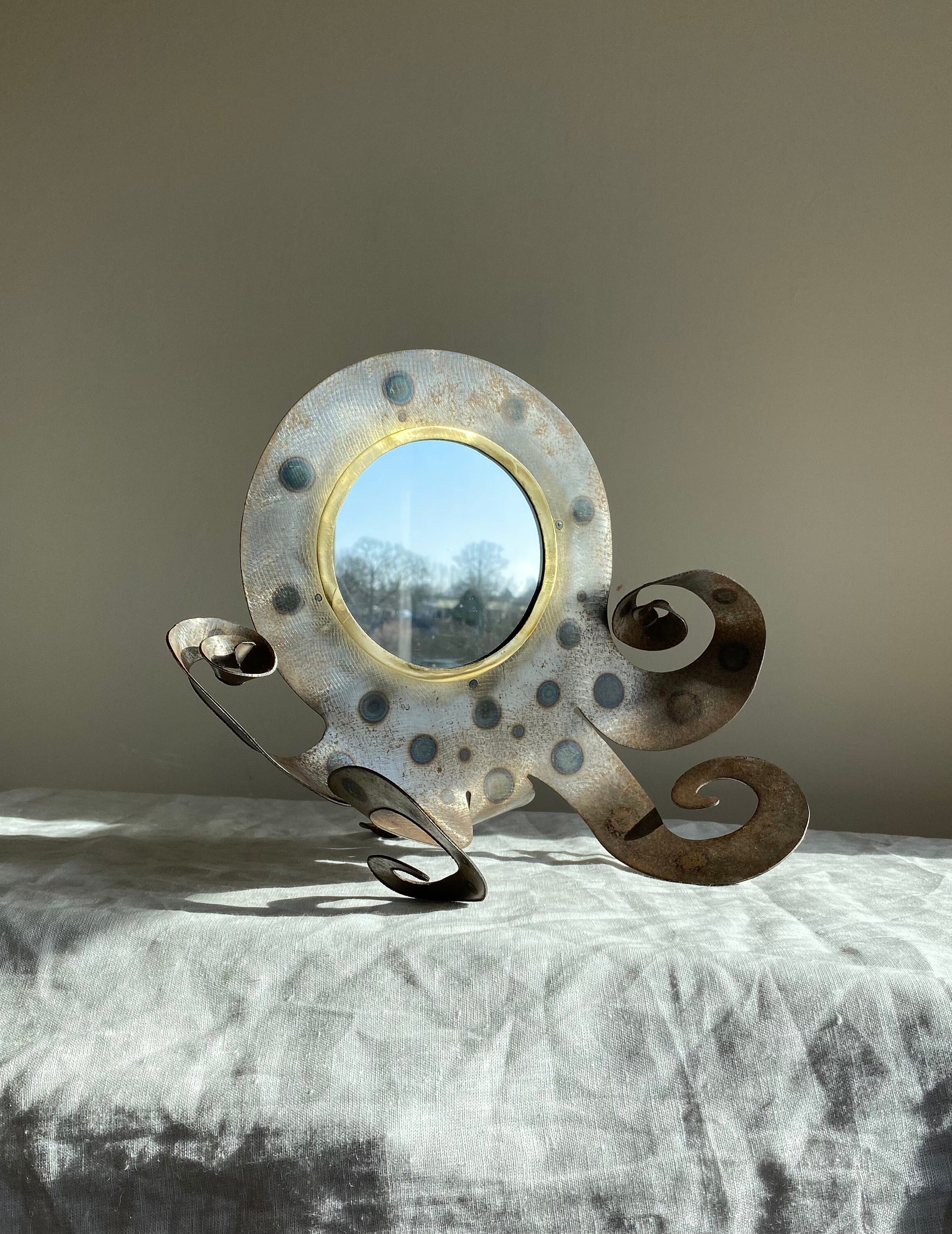 Vintage Steel and Brass Octopus Table Top Mirror