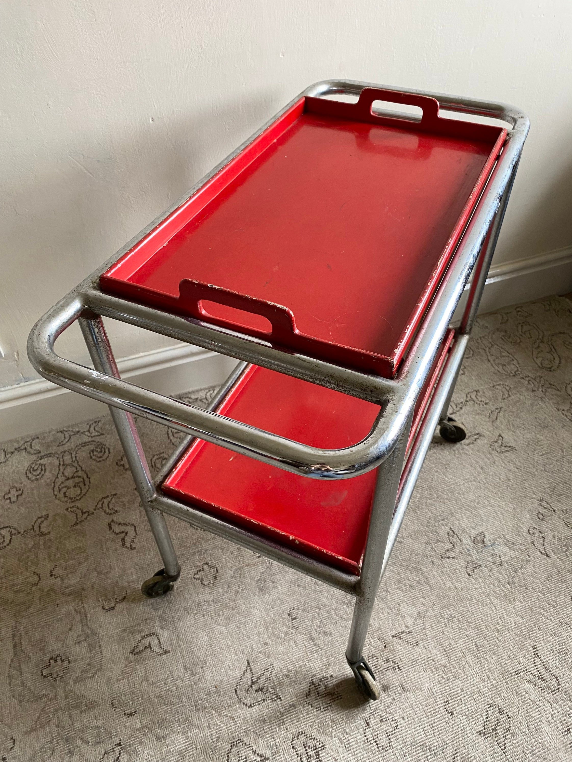 Modernist Bar Cart With Red Lacquered Trays