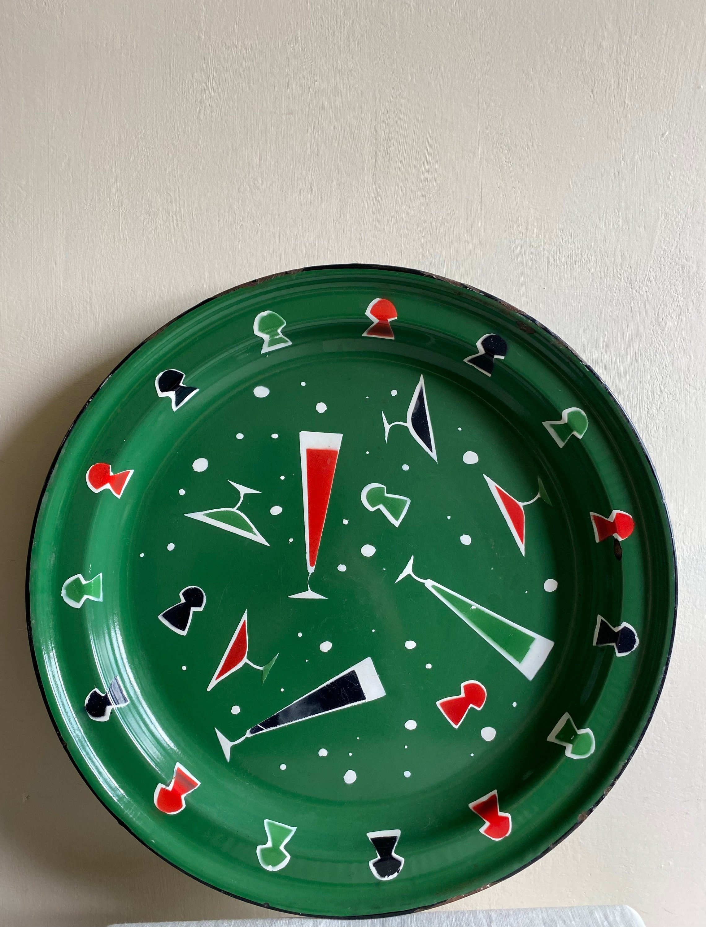Mid Century French Green Enamel Charger With Hand Painted Decoration