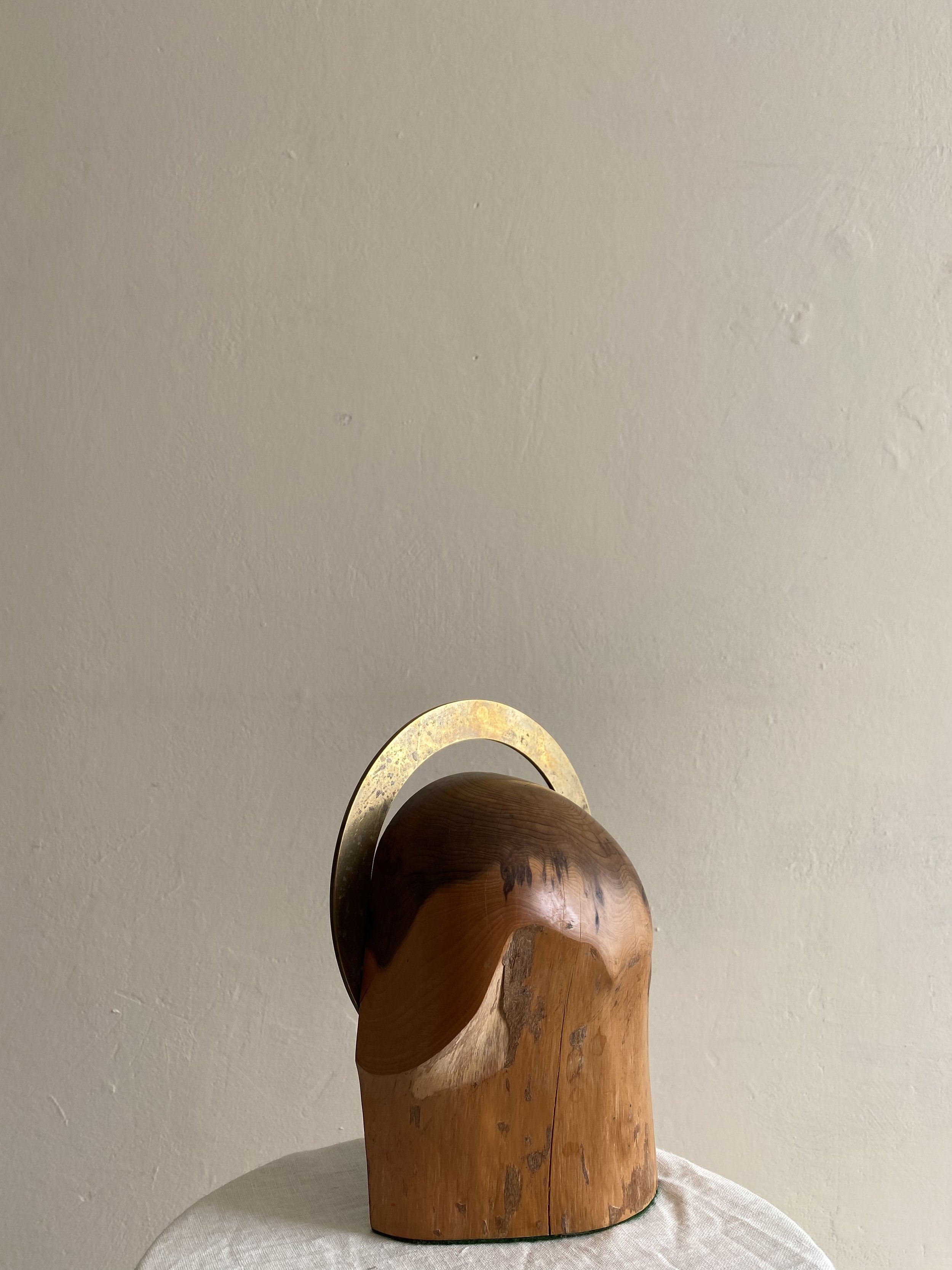 Minimalist Vintage Arc Sculpture In Solid Wood And Brass