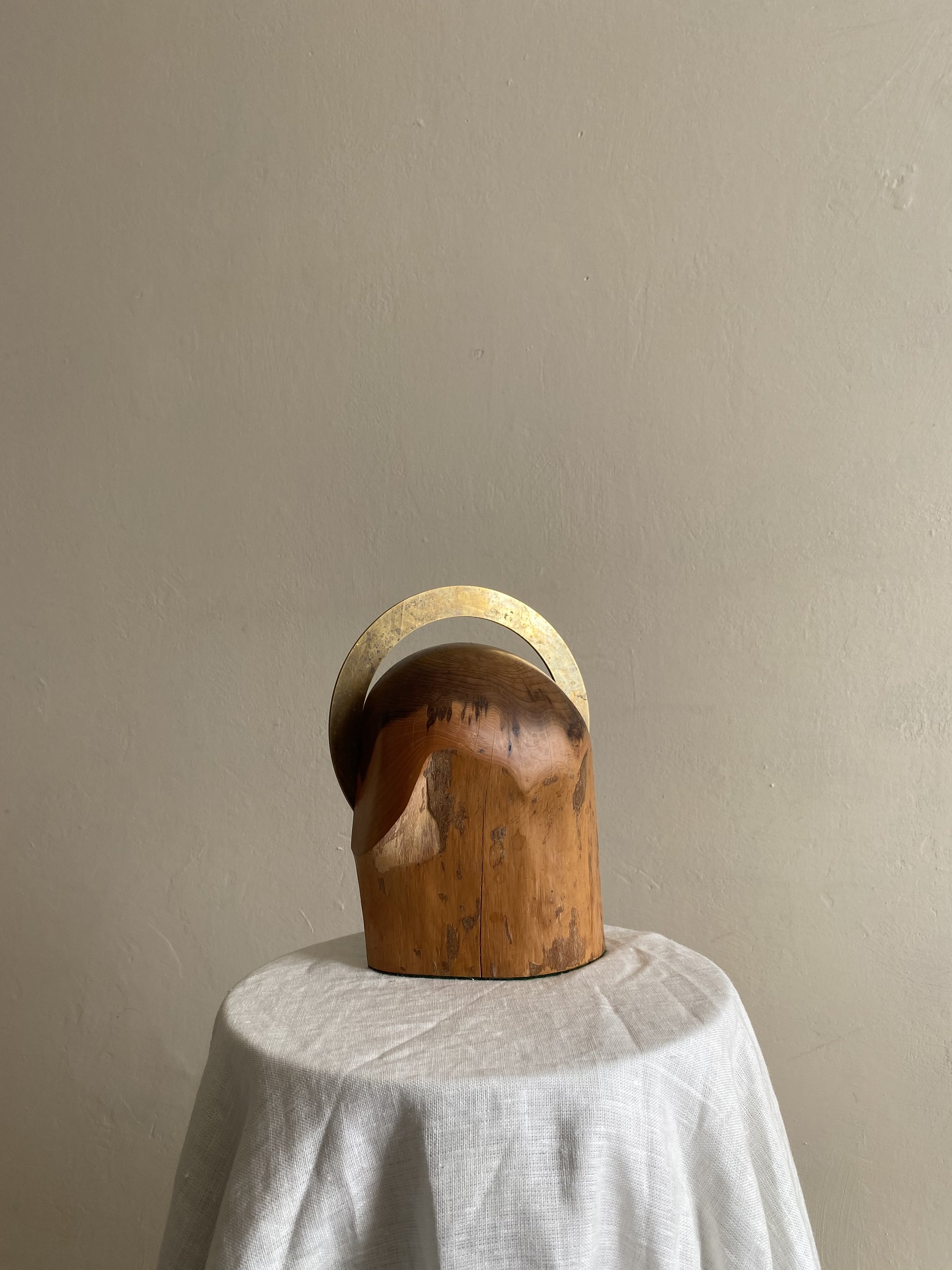 Minimalist Vintage Arc Sculpture In Solid Wood And Brass