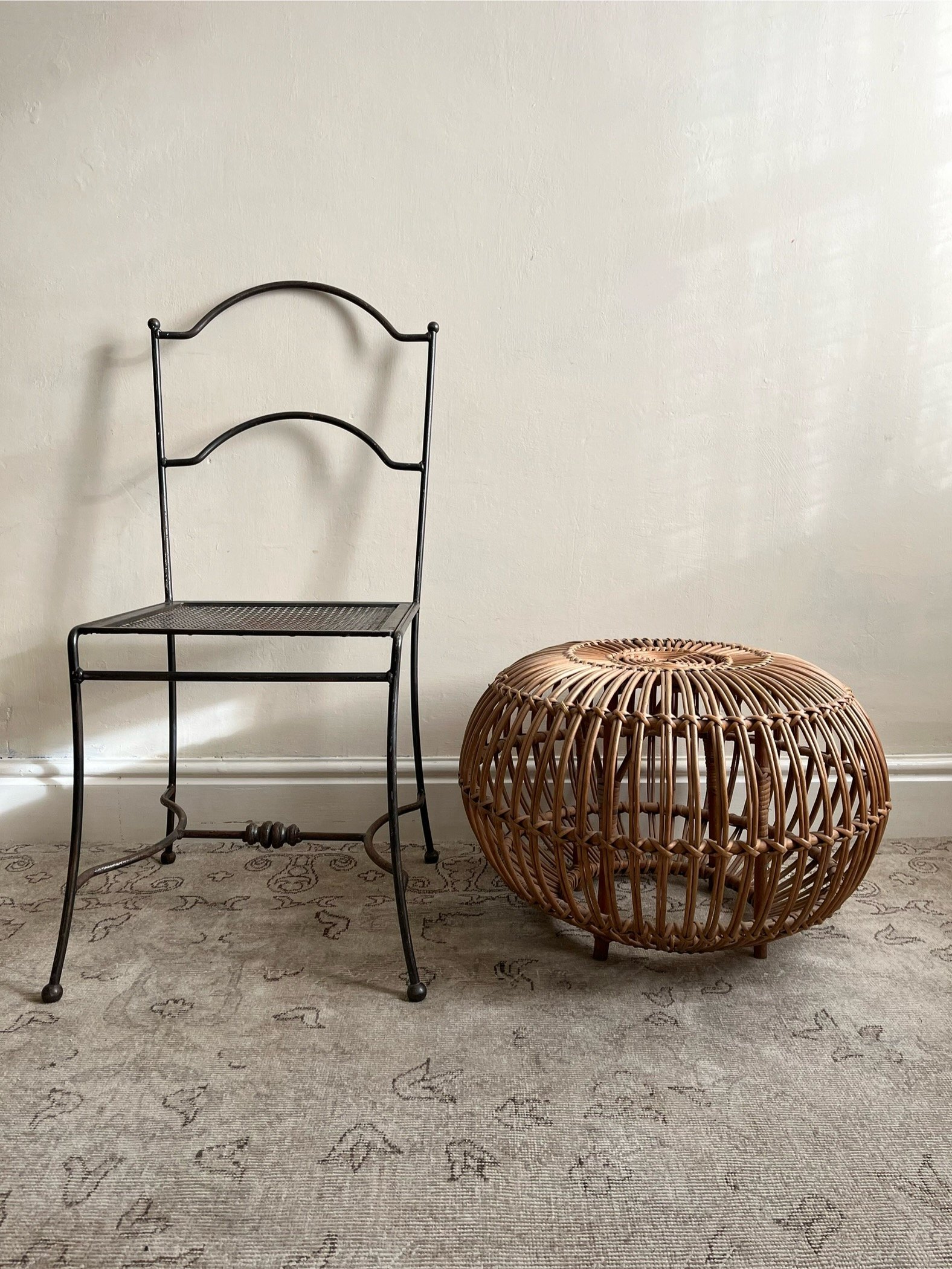 Large Italian rattan Lobster Pot stool or ottoman by Franco Albini, styled here with a vintage French steel chair - Bureau Bruton