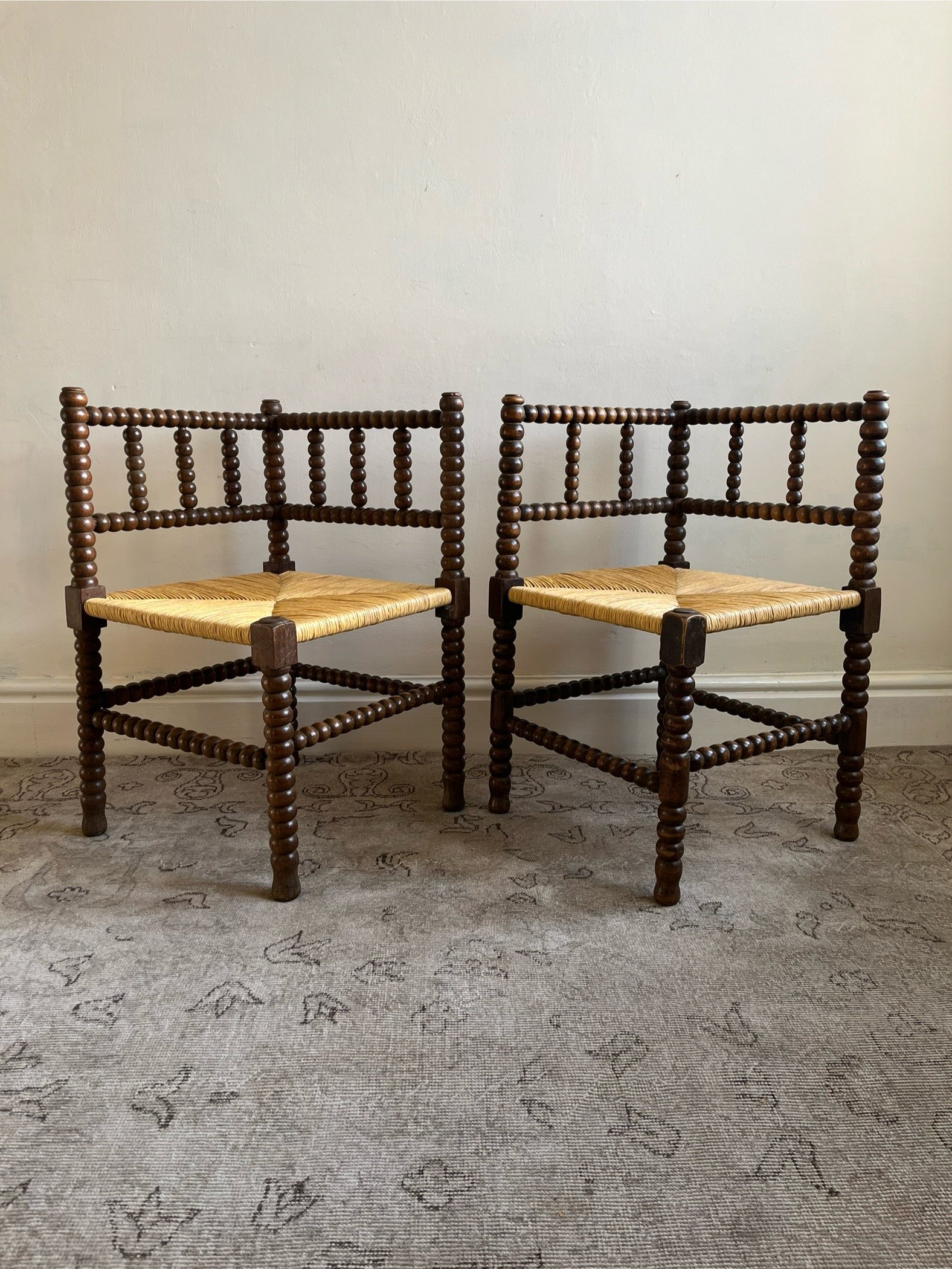 Pair of French wooden bobbin leg corner chairs - Bureau Bruton