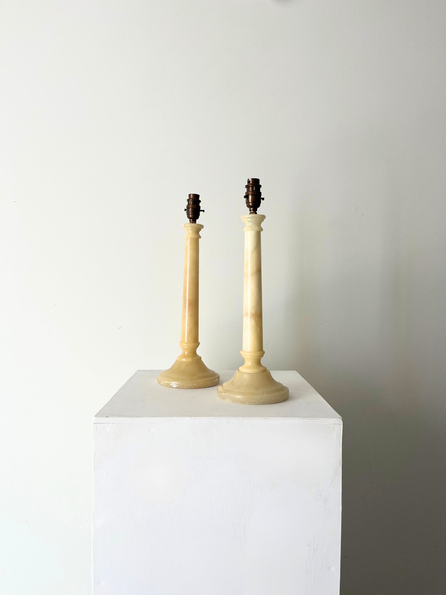 Honed and turned alabaster table lamps, Mid Century vintage originals, rewired and PAT tested - Bureau Bruton