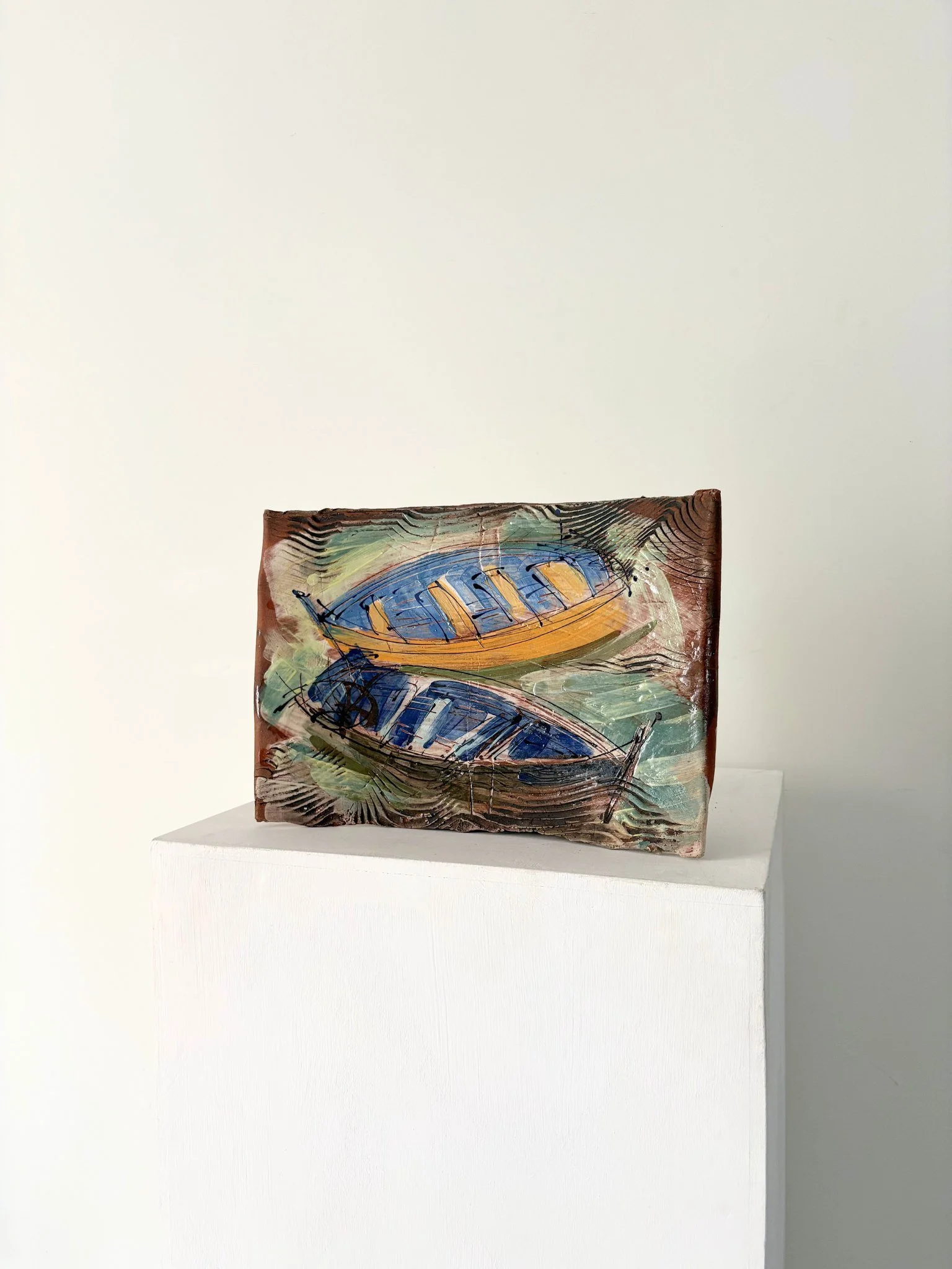 Vintage Studio Pottery Ceramic Wall Plaque With Boats - Bureau Bruton