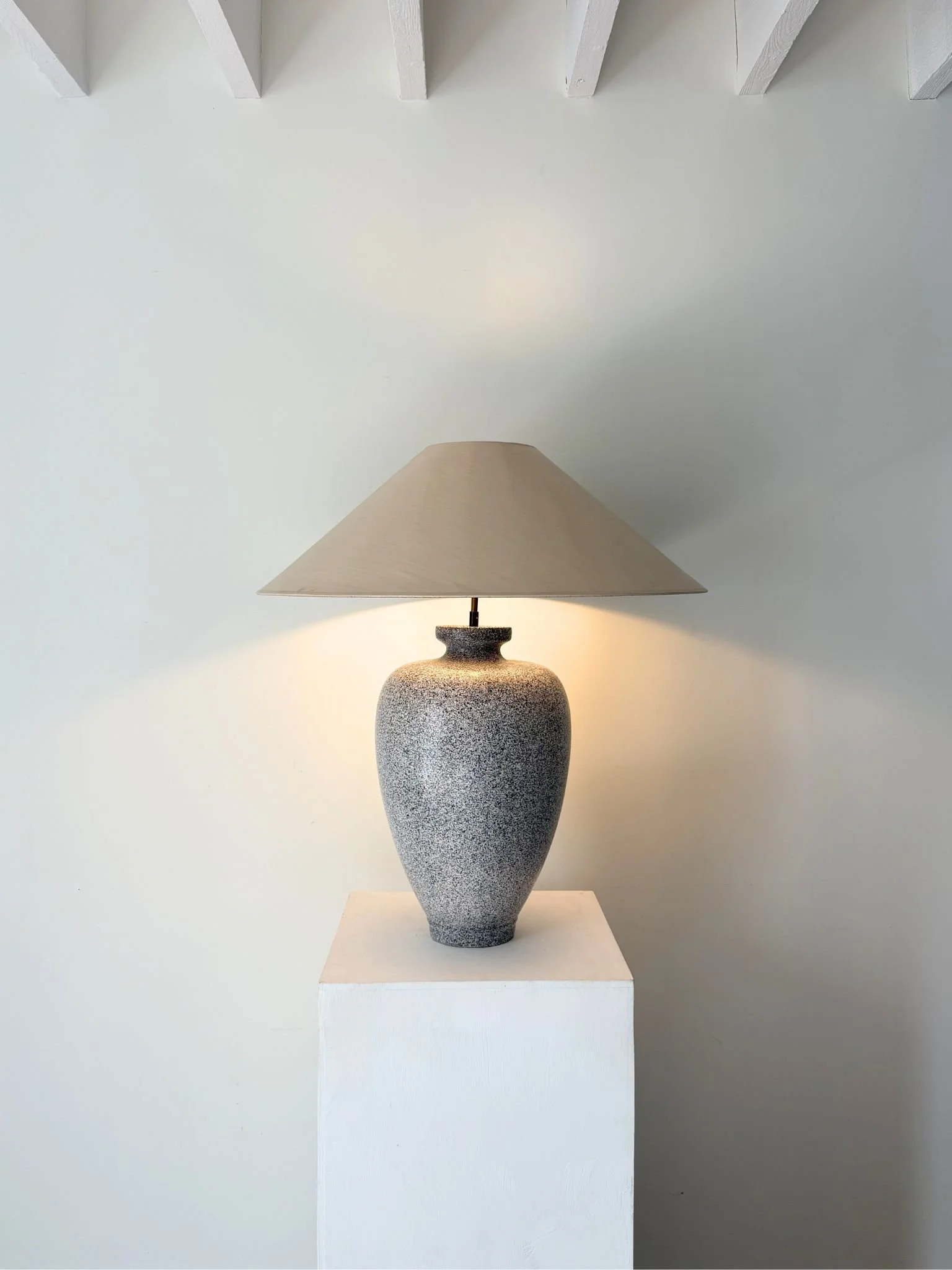 An oversized late 20th century table lamp complete with its original dramatic extra wide shade - Bureau Bruton Antiques and Vintage Shop
