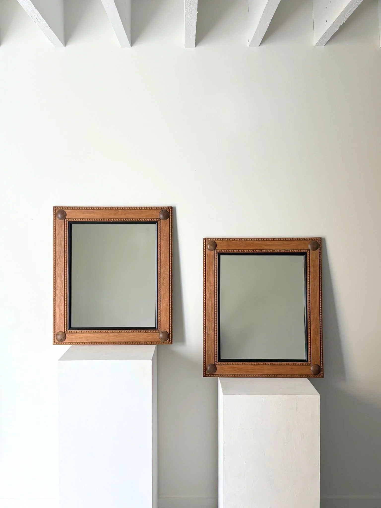 Pair of Arts and Crafts Solid Oak Wall Mirrors With Geometric Design And Ebonised Detail - Bureau Bruton Antique and Vintage Shop