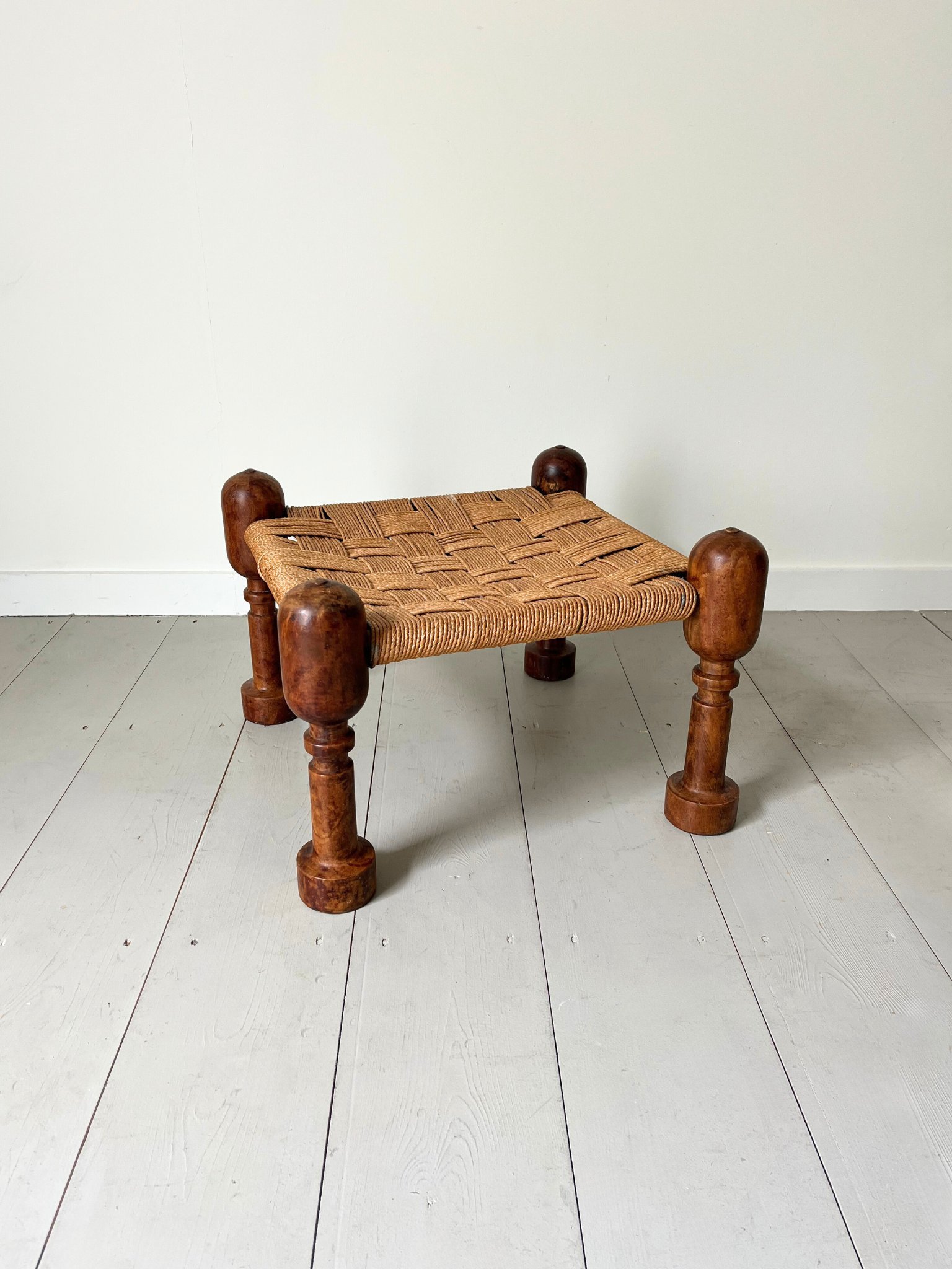 Woven top jute rope stool with hand turned chunky legs - Bureau Bruton