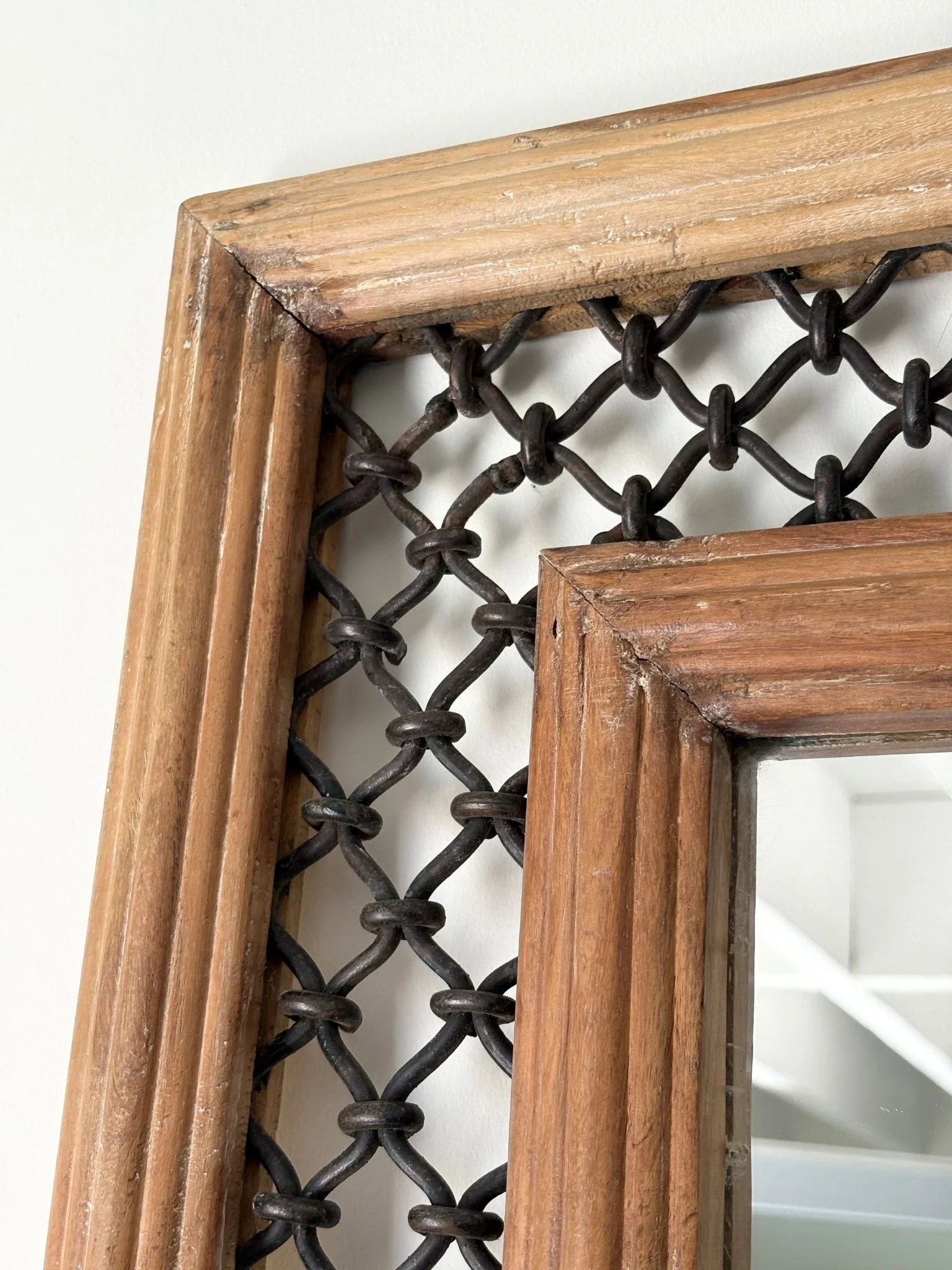 Iron Work Lattice Wall Mirror With Reeded Wooden Frame - Bureau Bruton Antiques and Vintage Design