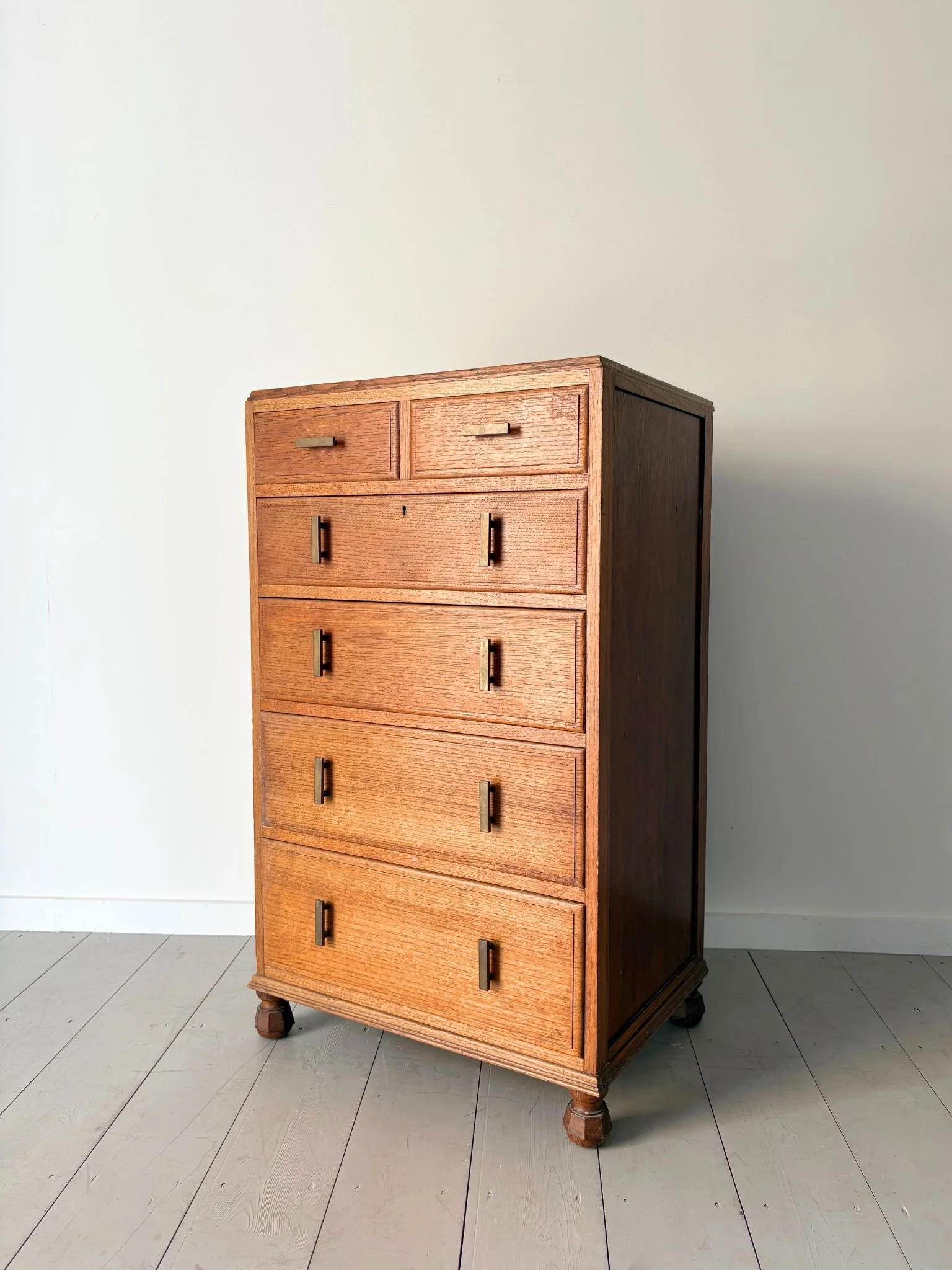 Vintage Oak Art Deco Chest of Drawers With Brass Accents by Waring and Gillow - Bureau Bruton Design Gallery and Store