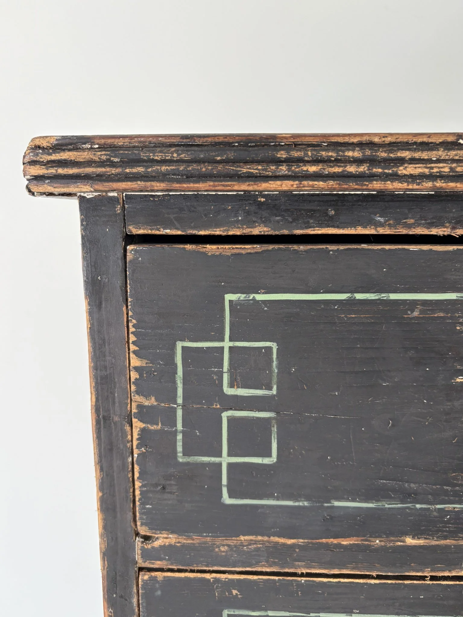 Antique Ebonised Chest Drawers With Geometric Stencilling - Bureau Bruton