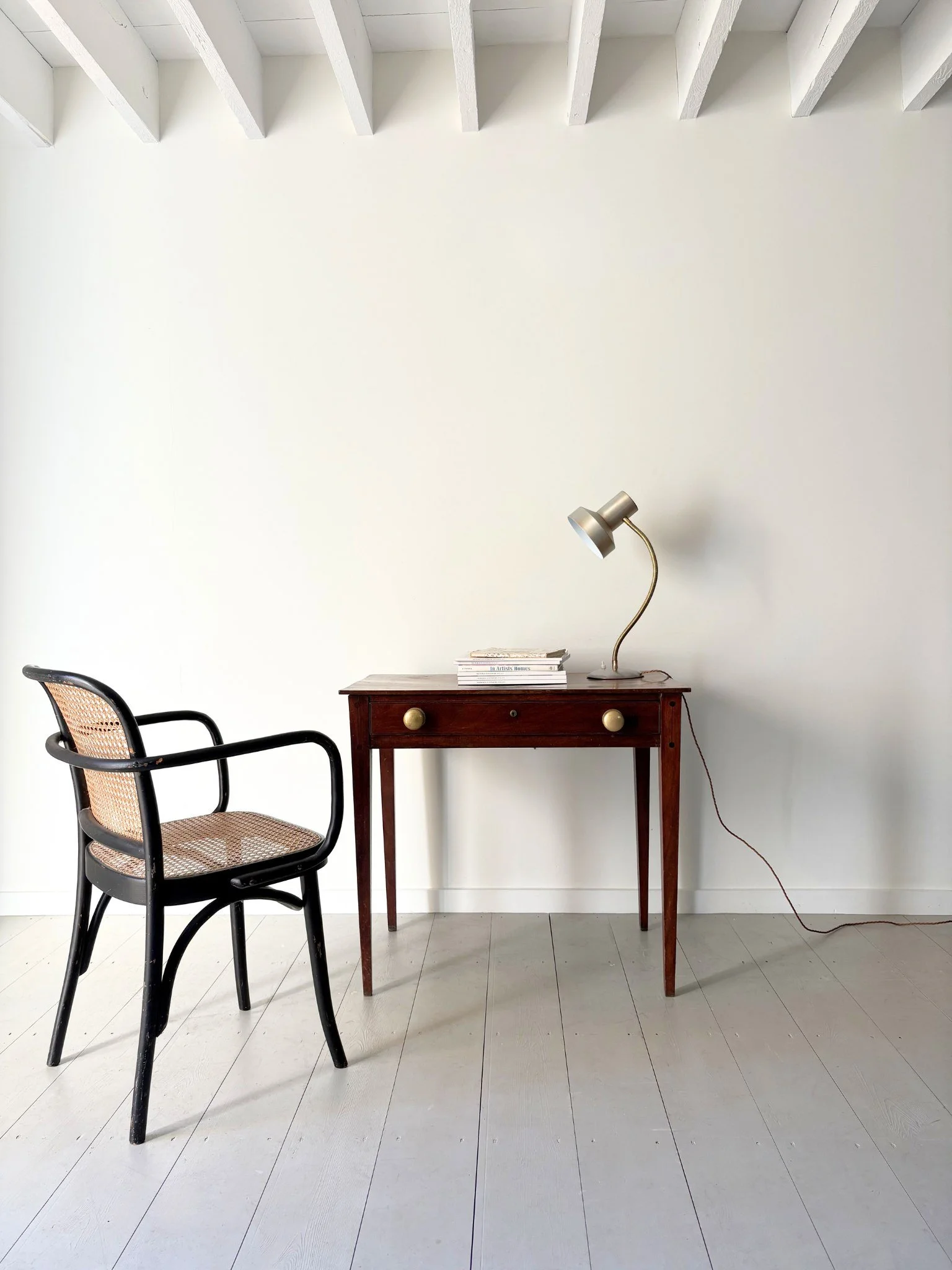 A 1950s Bauhaus desk lamp sits atop our Inlaid Georgian Writing Desk - Bureau Bruton Antiques and Vintage Design Shop