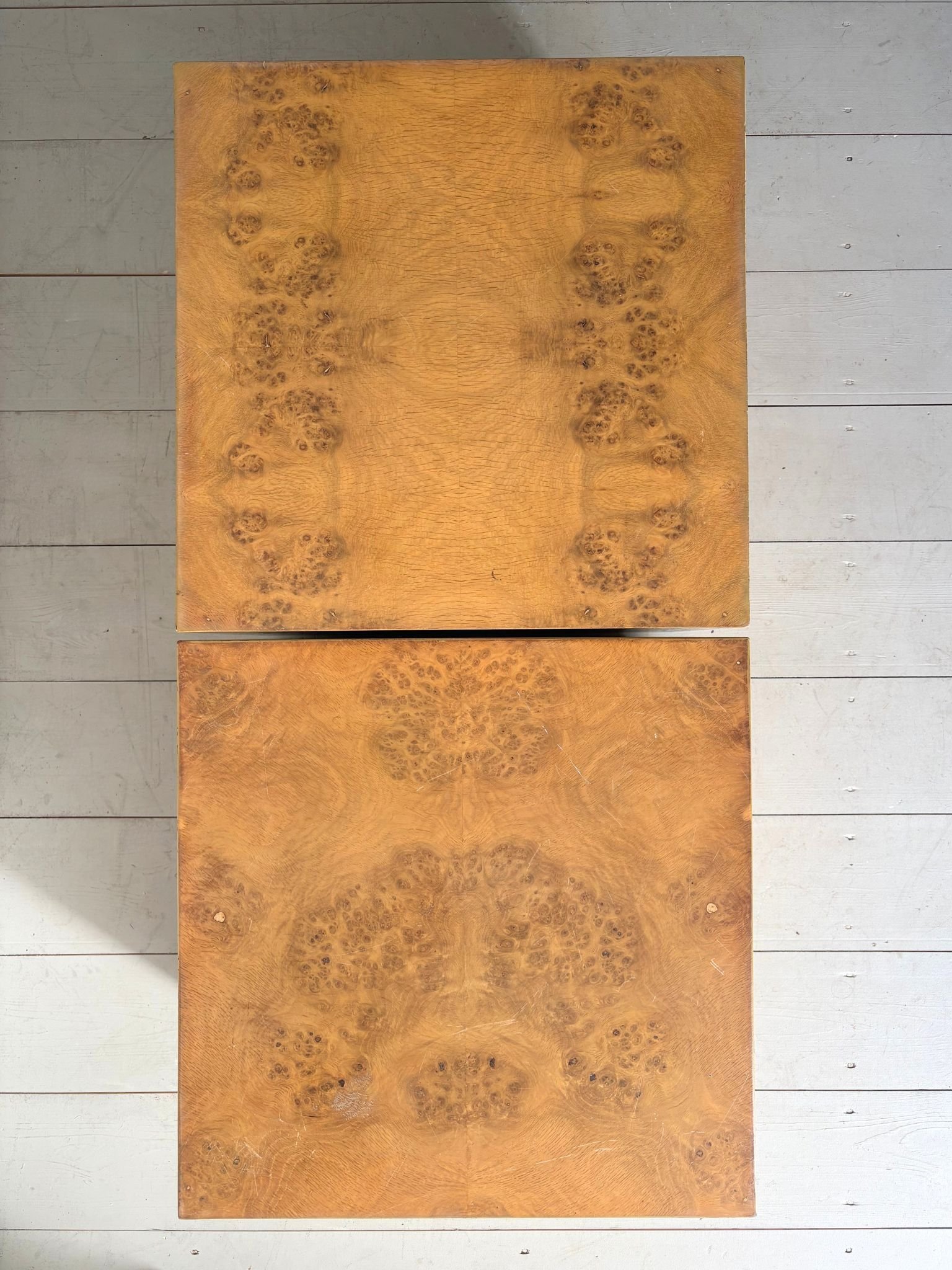 Book Matched Burl Veneer Cube Tables - Bureau Bruton Antiques and Vintage Furniture Shop