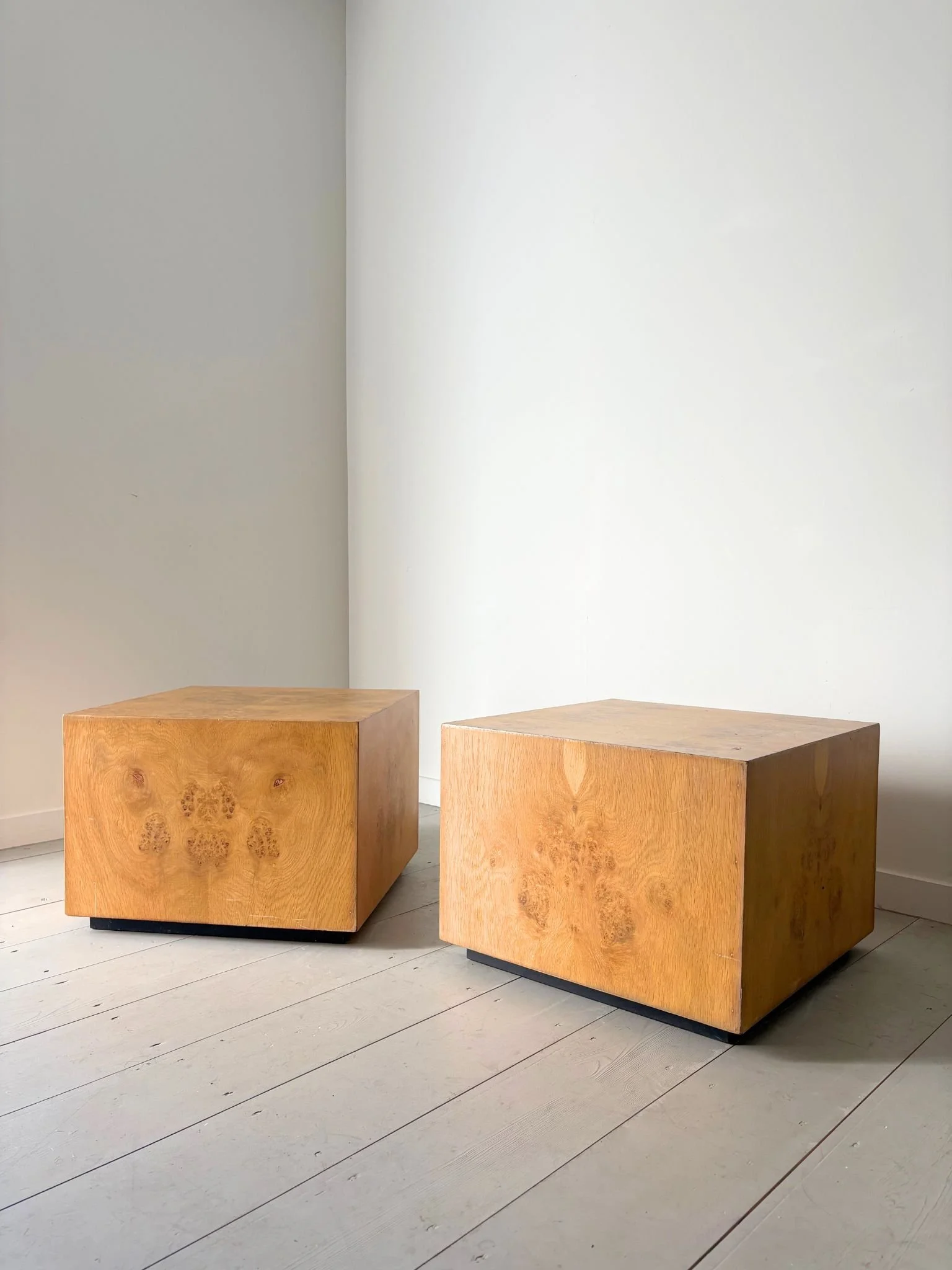 Pair Of Mid Century Burl Wood Side Table Cubes Or Nightstands - Bureau Bruton Antiques and Vintage Shop