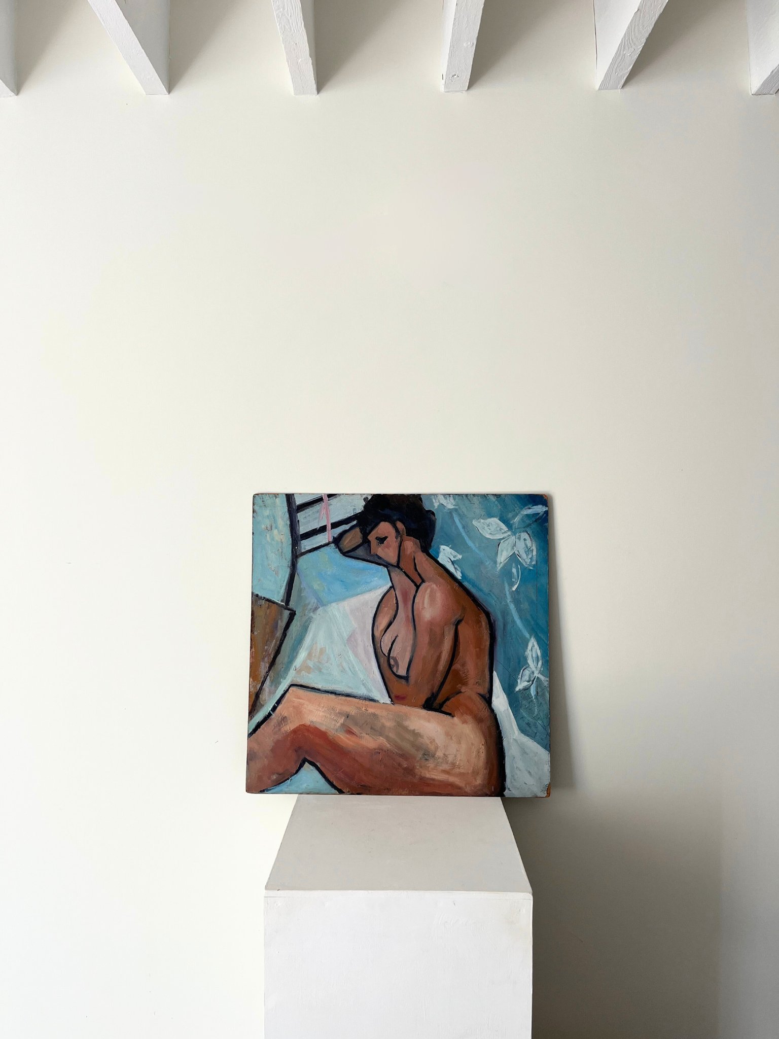Stylised Blue Nude Oil On Board Expressionist Painting 20th Century