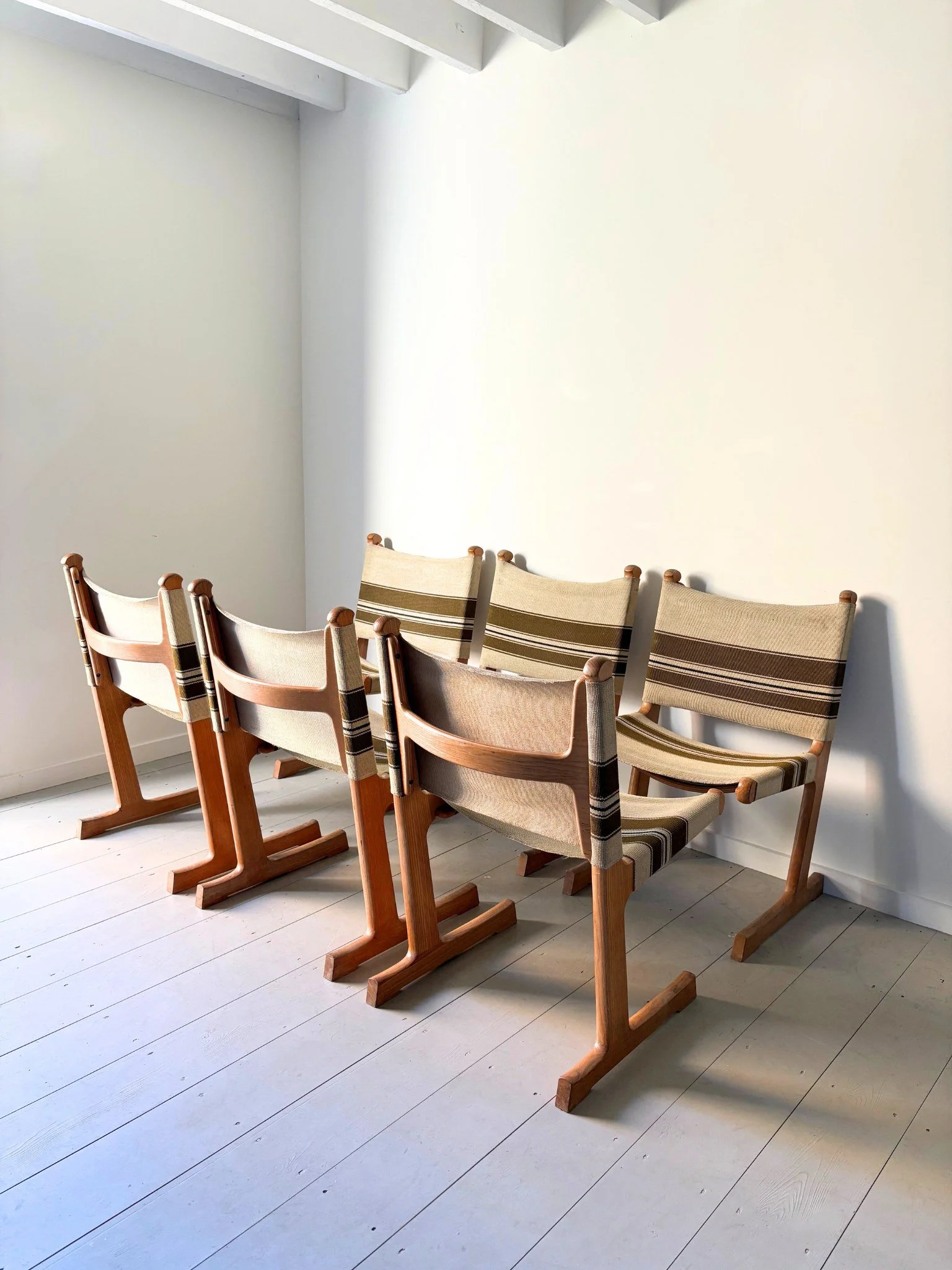 A set of 6 vintage 20th century Danish dining chairs with striped upholstery seats - Bureau Bruton Antiques and Vintage