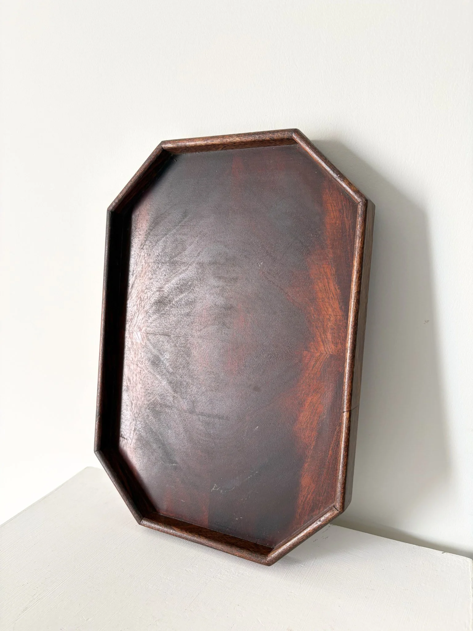 An antique art deco wooden tray with book matched veneer detail to the surface - Bureau Bruton