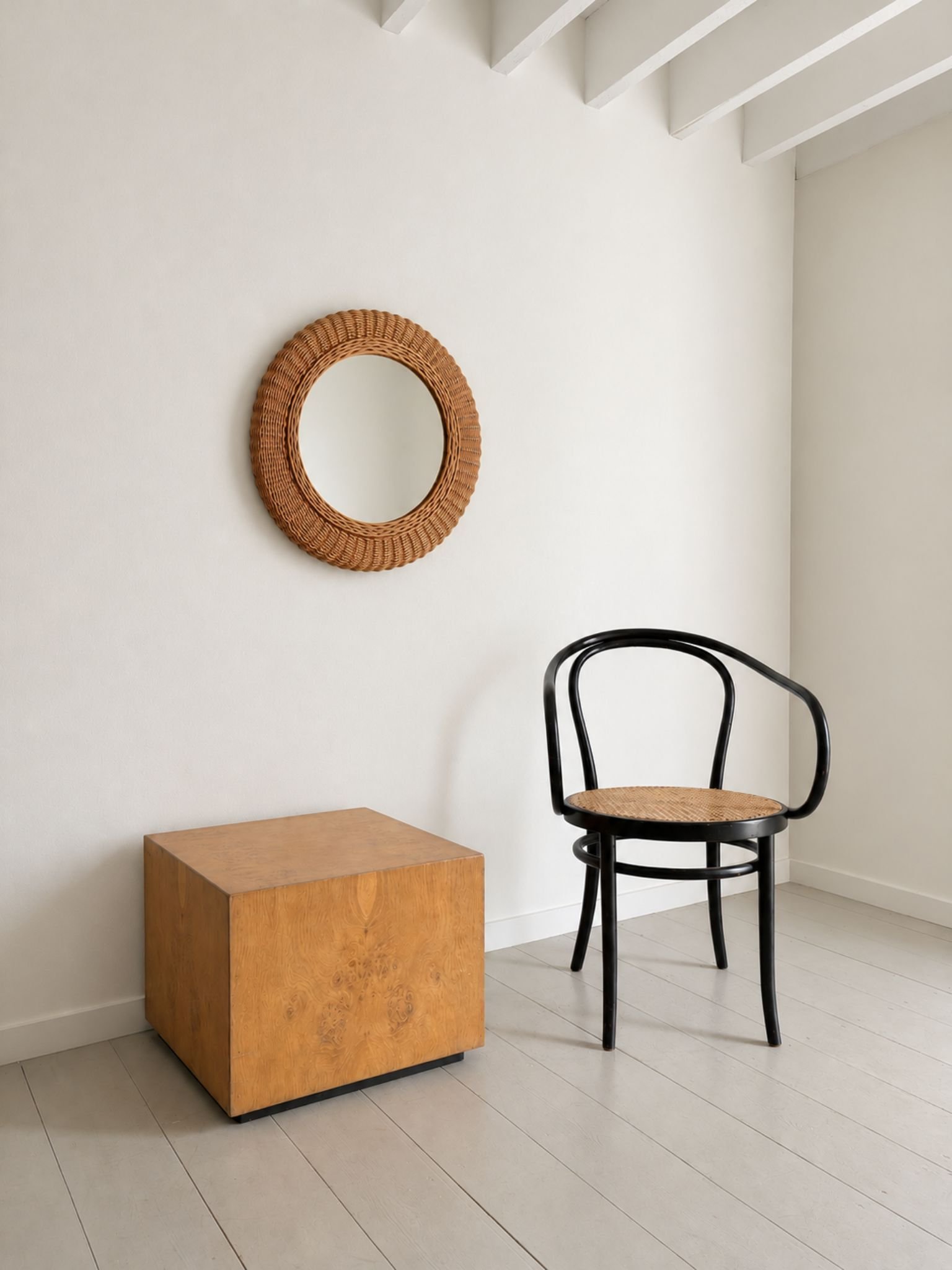 Round Mid Century Rattan Wicker Mirror - Bureau Bruton