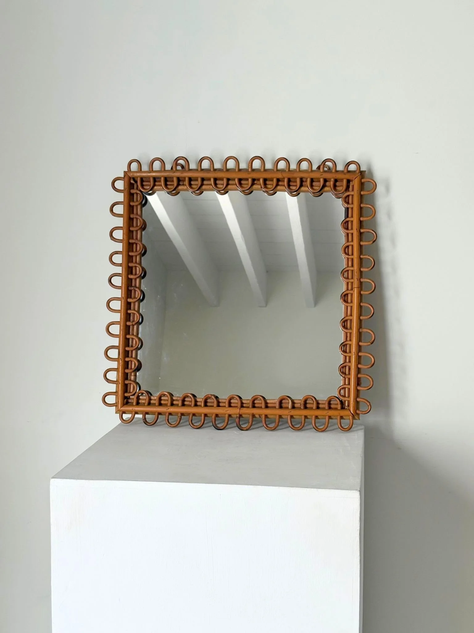 1960s Franco Albini Square Looped Bamboo Frame Rattan Mirror - Bureau Bruton Antique and Vintage Furniture Shop