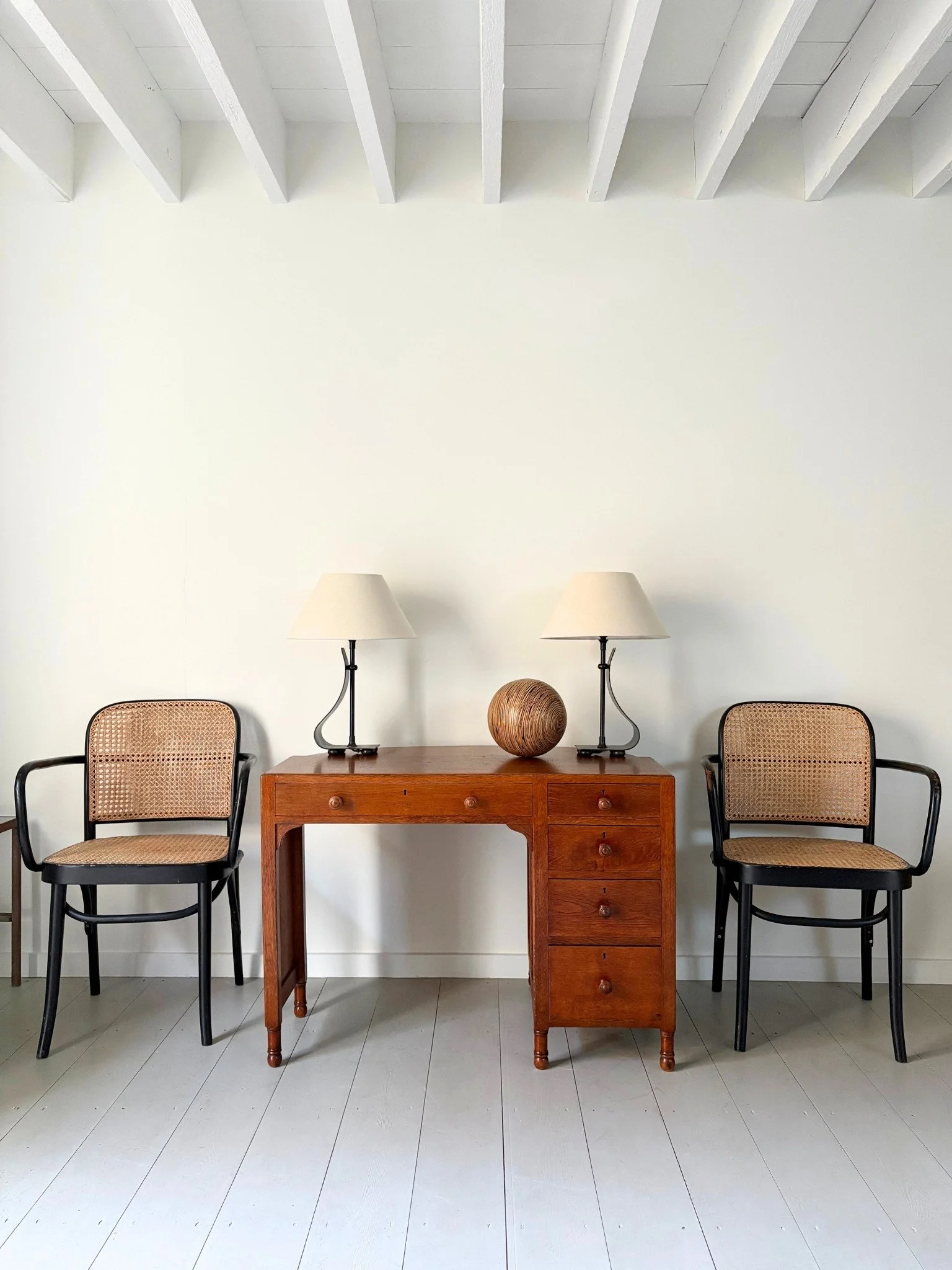 A Pair of Black Iron Ribbon Table Lamps, Paired Here With Vintage Heals Furniture - Bureau Bruton