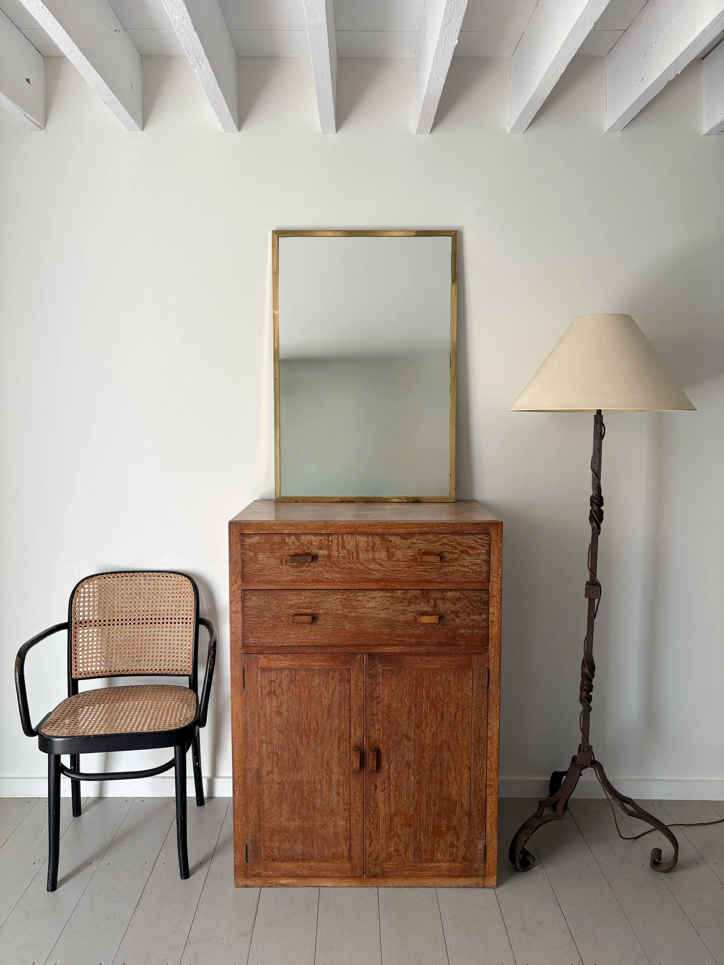 Mid Century Minimalist Metal Wall Mirror With Aged Brass Frame - Bureau Bruton Antiques and Vintage Shop and Sourcing Service