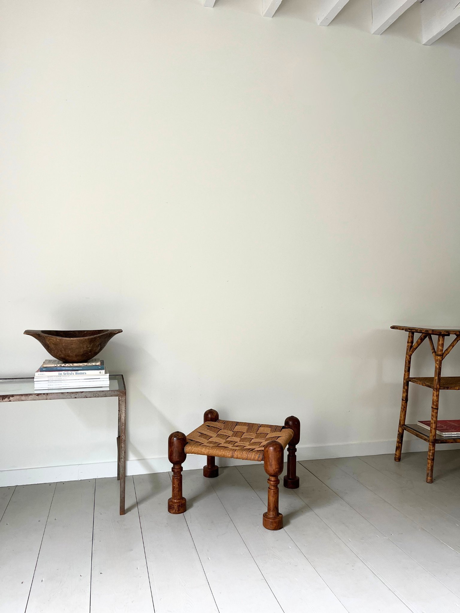 Modernist style turned wooden stool with chequerboard weave top - Bureau Bruton Design and Antiques Gallery