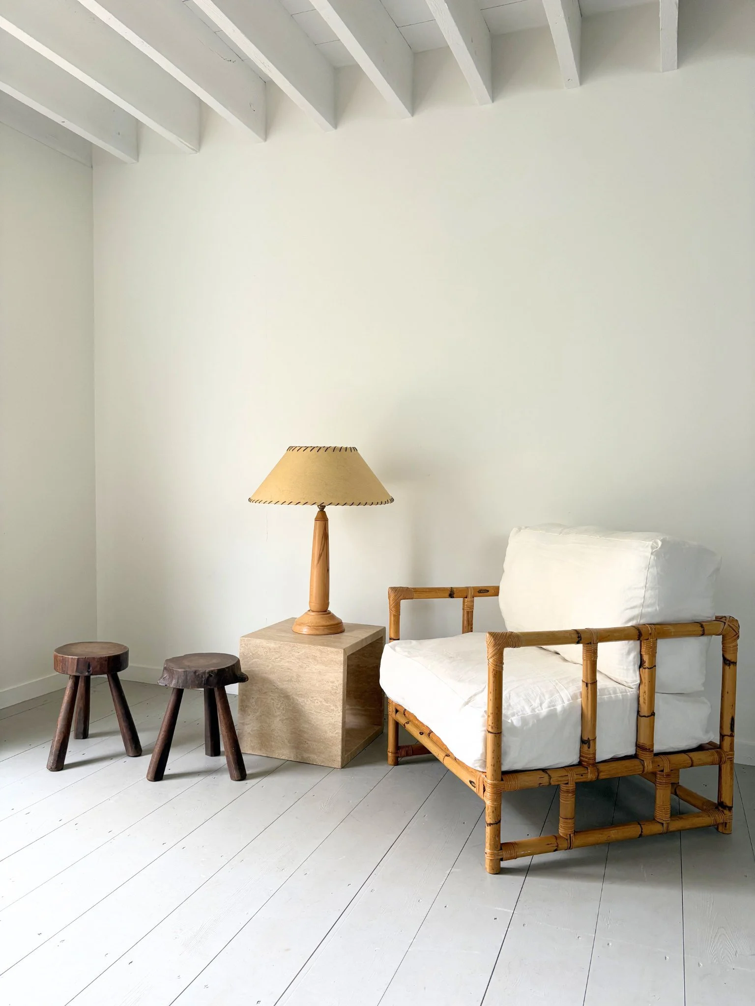 A complementary pair of 20th Century French tree slab wooden stools, on view now at the Bruton showroom - Bureau Bruton