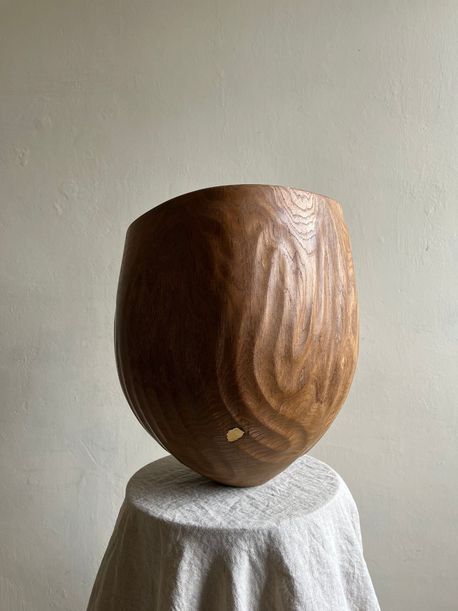 Laburnum and gold leaf vessel, artist made and carved using found wood and embellished with metal inlays - Bureau Bruton Antiques and Design Gallery